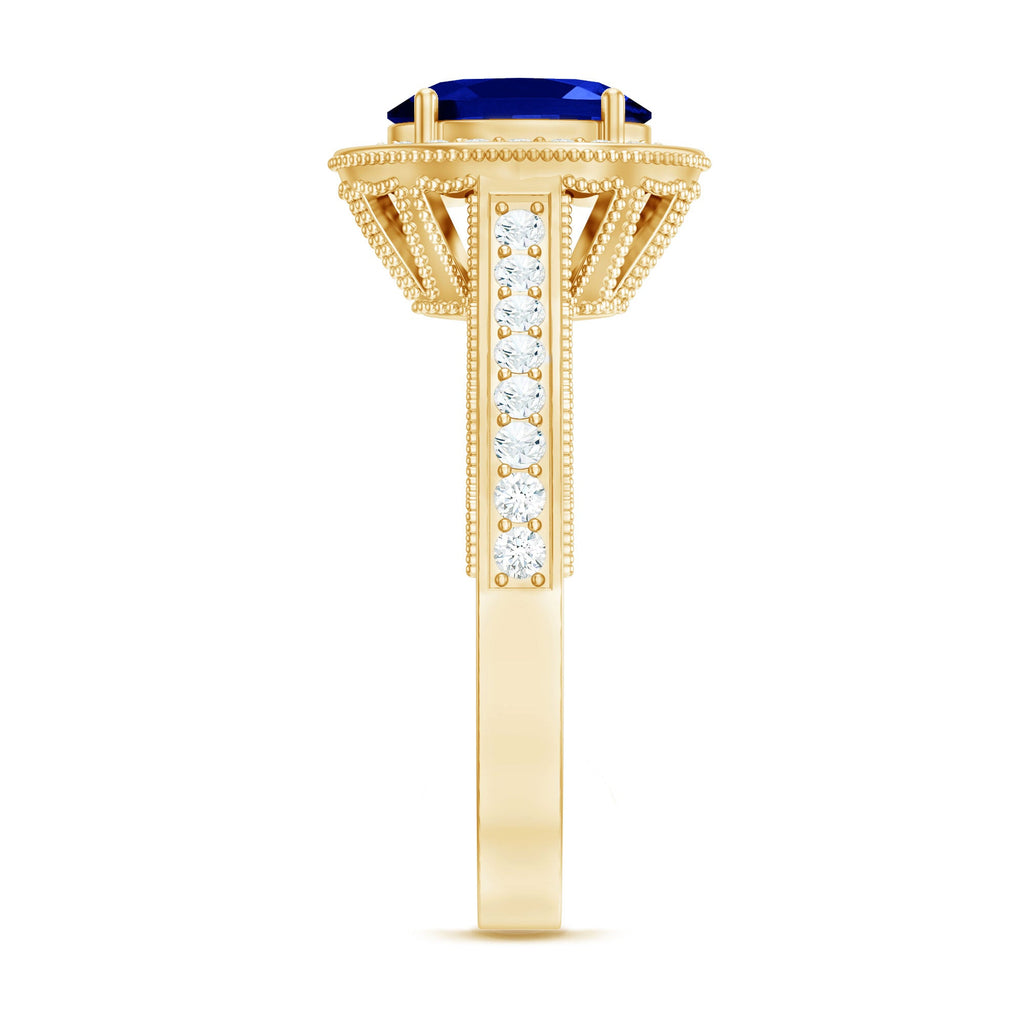 Certified 1.5 Carat Lab Grown Blue Sapphire Engagement Ring with Diamond Halo