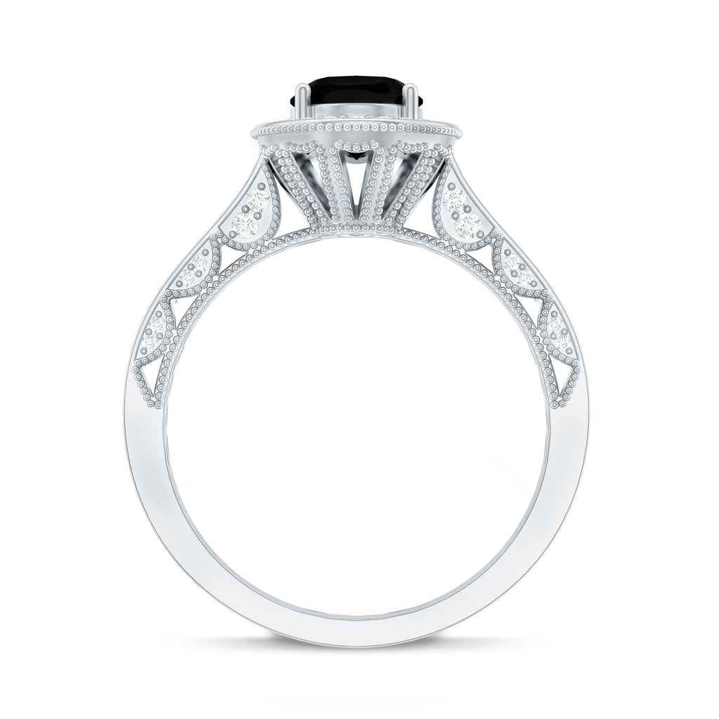 Vintage Inspired Black Onyx Oval Engagement Ring with Diamond Halo