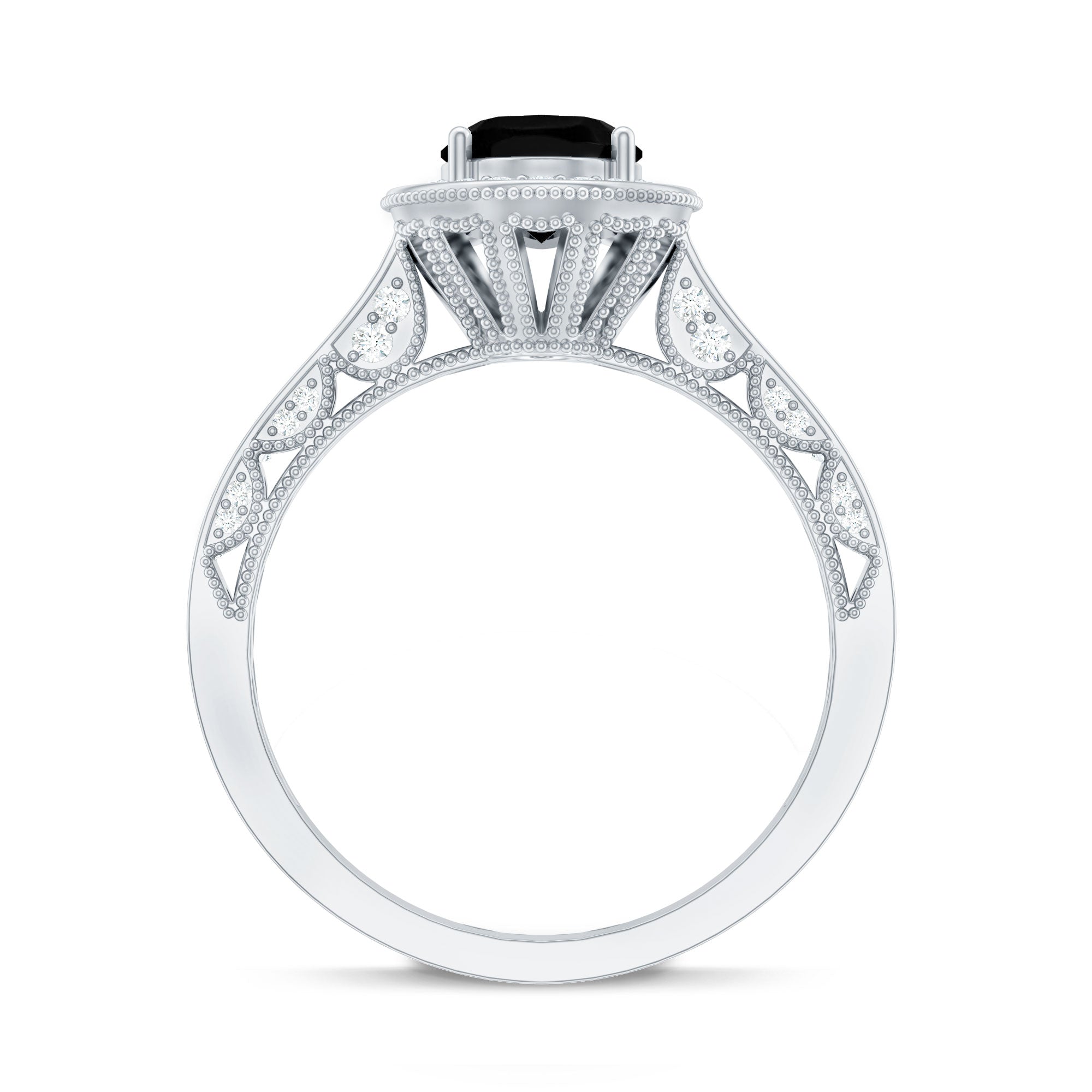 Vintage Inspired Black Onyx Oval Engagement Ring with Diamond Halo