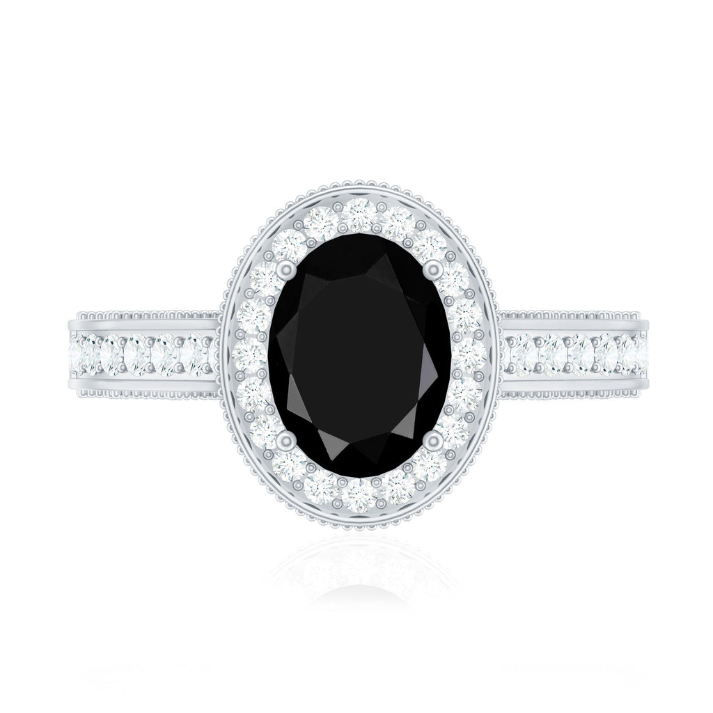 Vintage Inspired Black Onyx Oval Engagement Ring with Diamond Halo