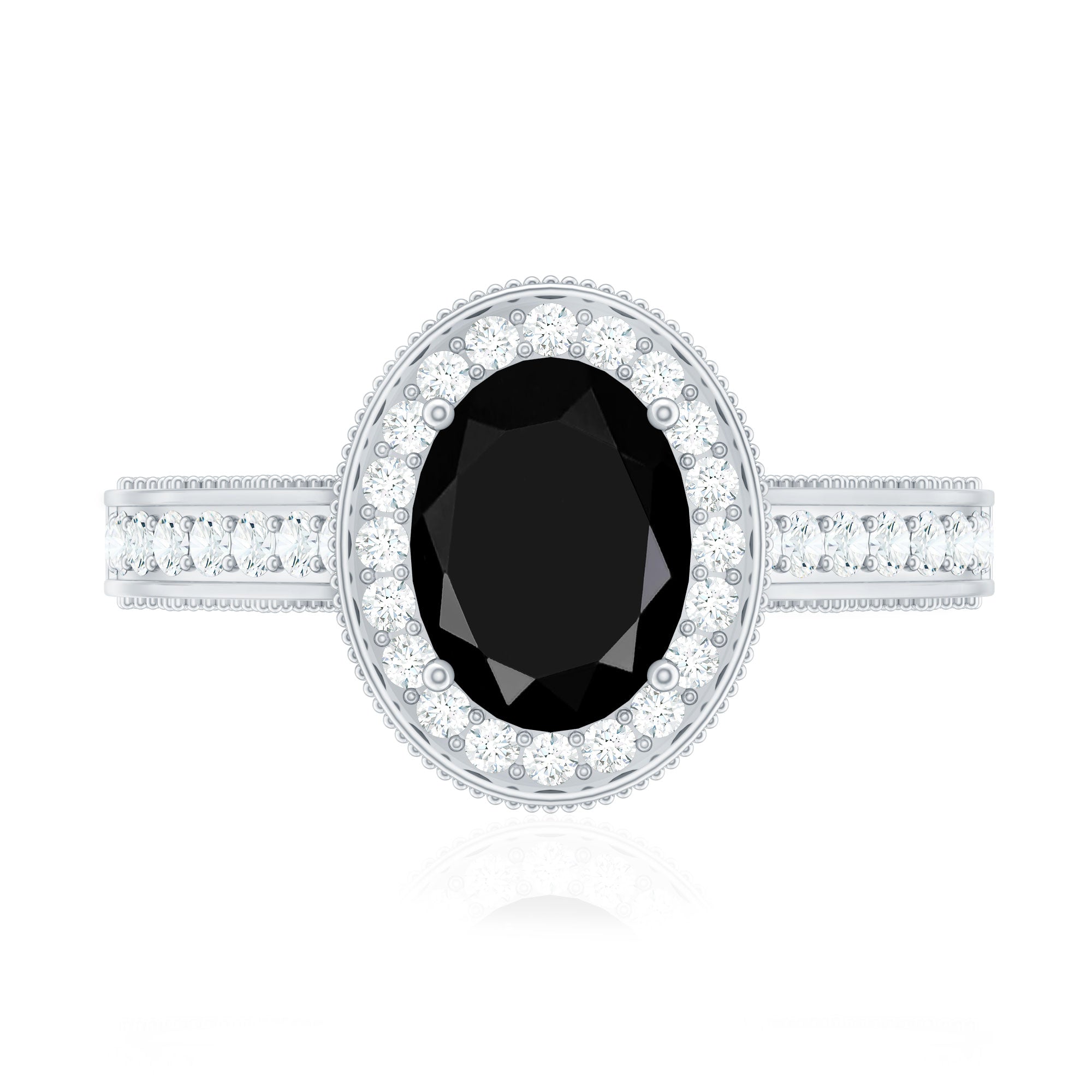 Vintage Inspired Black Onyx Oval Engagement Ring with Diamond Halo