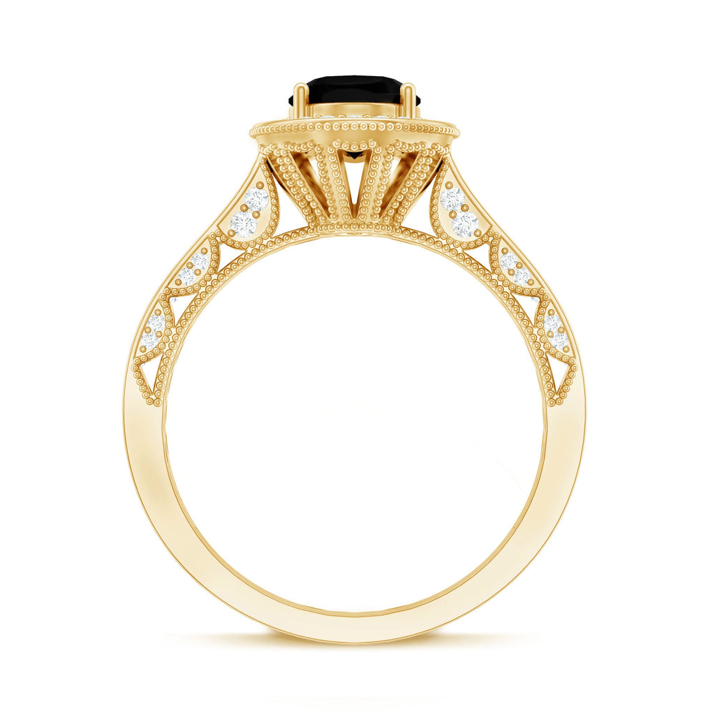 Vintage Inspired Black Onyx Oval Engagement Ring with Diamond Halo