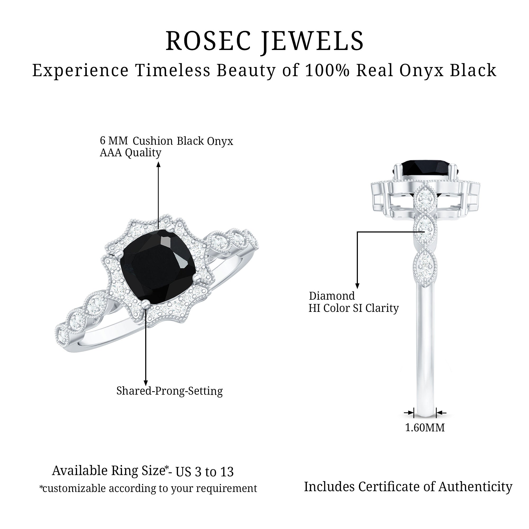 Vintage Inspired Black Onyx and Diamond Halo Engagement Ring