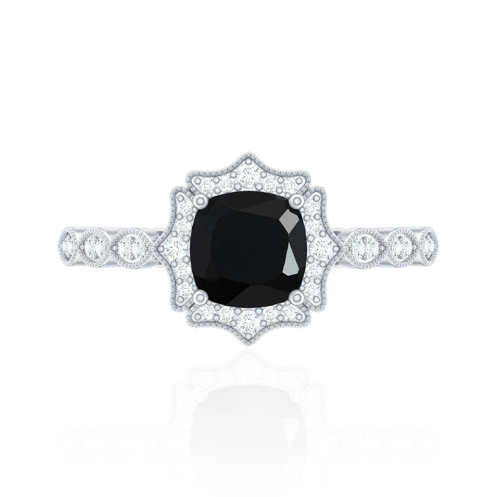 Vintage Inspired Black Onyx and Diamond Halo Engagement Ring