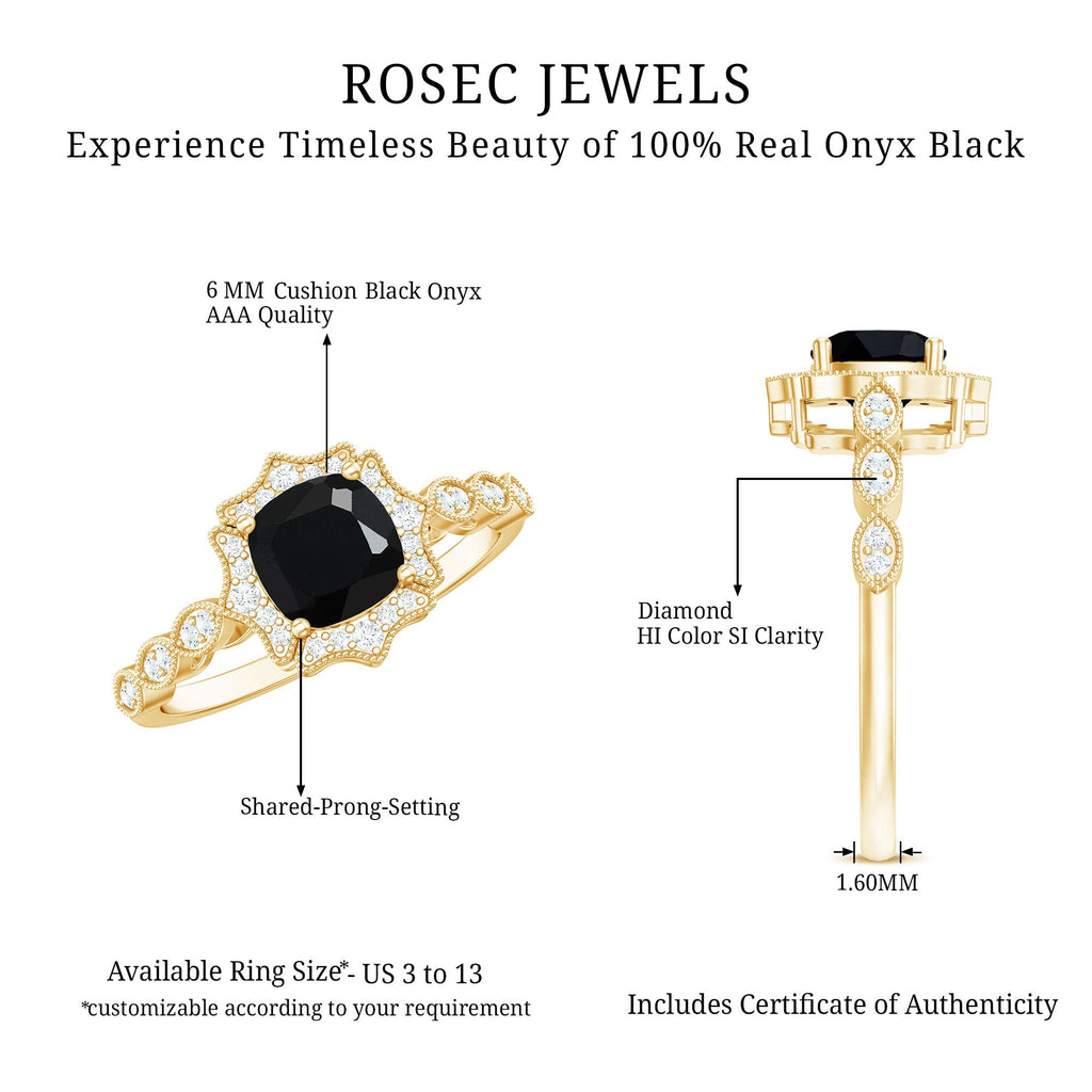 Vintage Inspired Black Onyx and Diamond Halo Engagement Ring