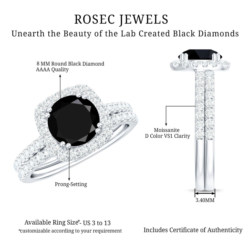 Round Created Black Diamond Classic Halo Ring Set with Moissanite