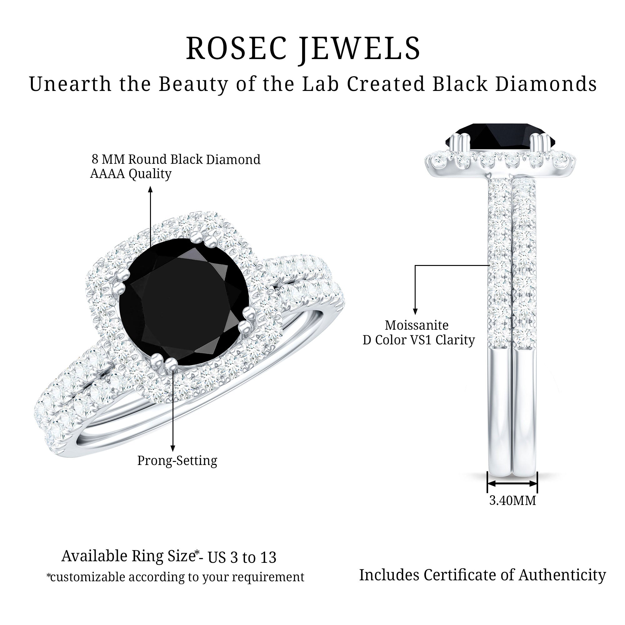 Round Created Black Diamond Classic Halo Ring Set with Moissanite