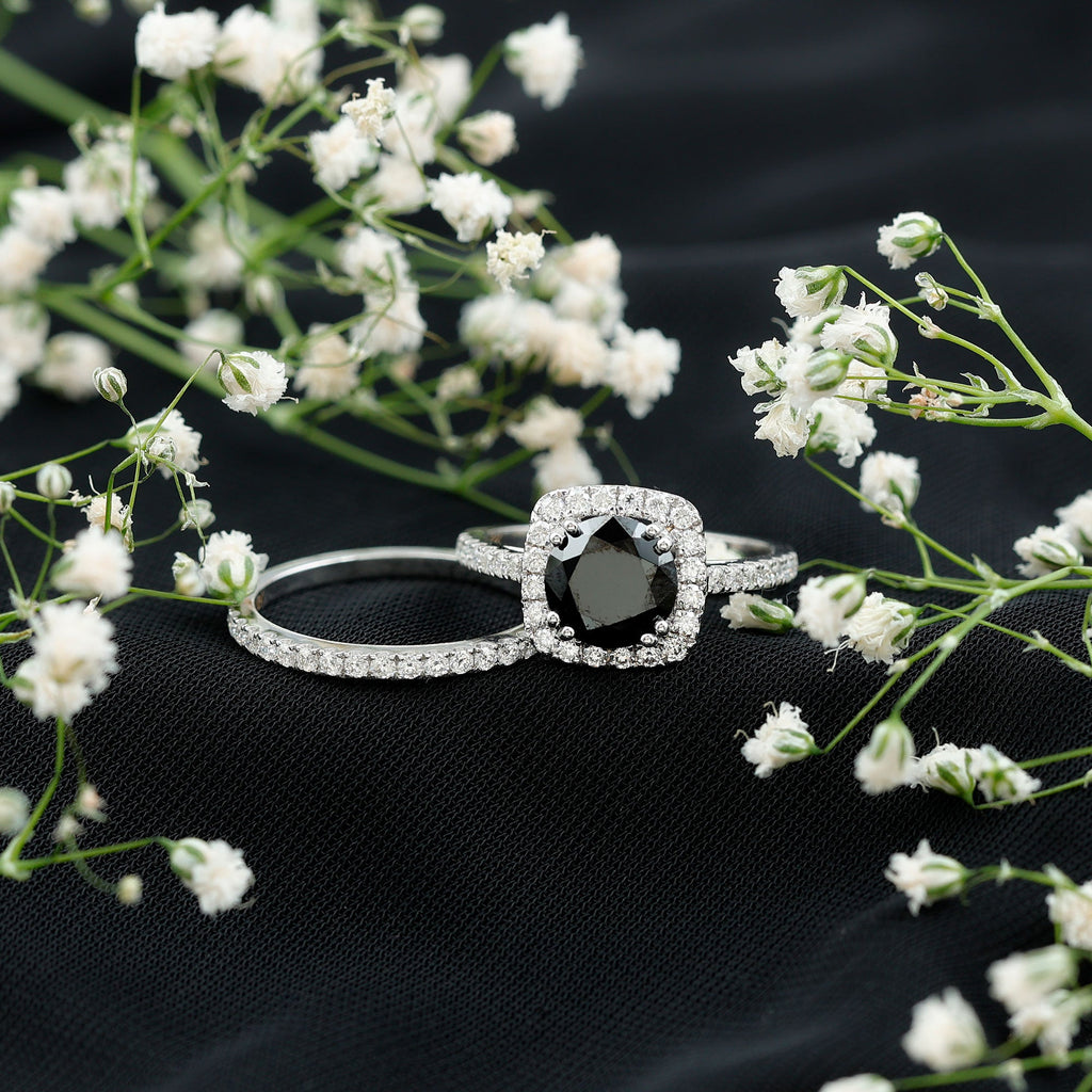 Round Created Black Diamond Classic Halo Ring Set with Moissanite