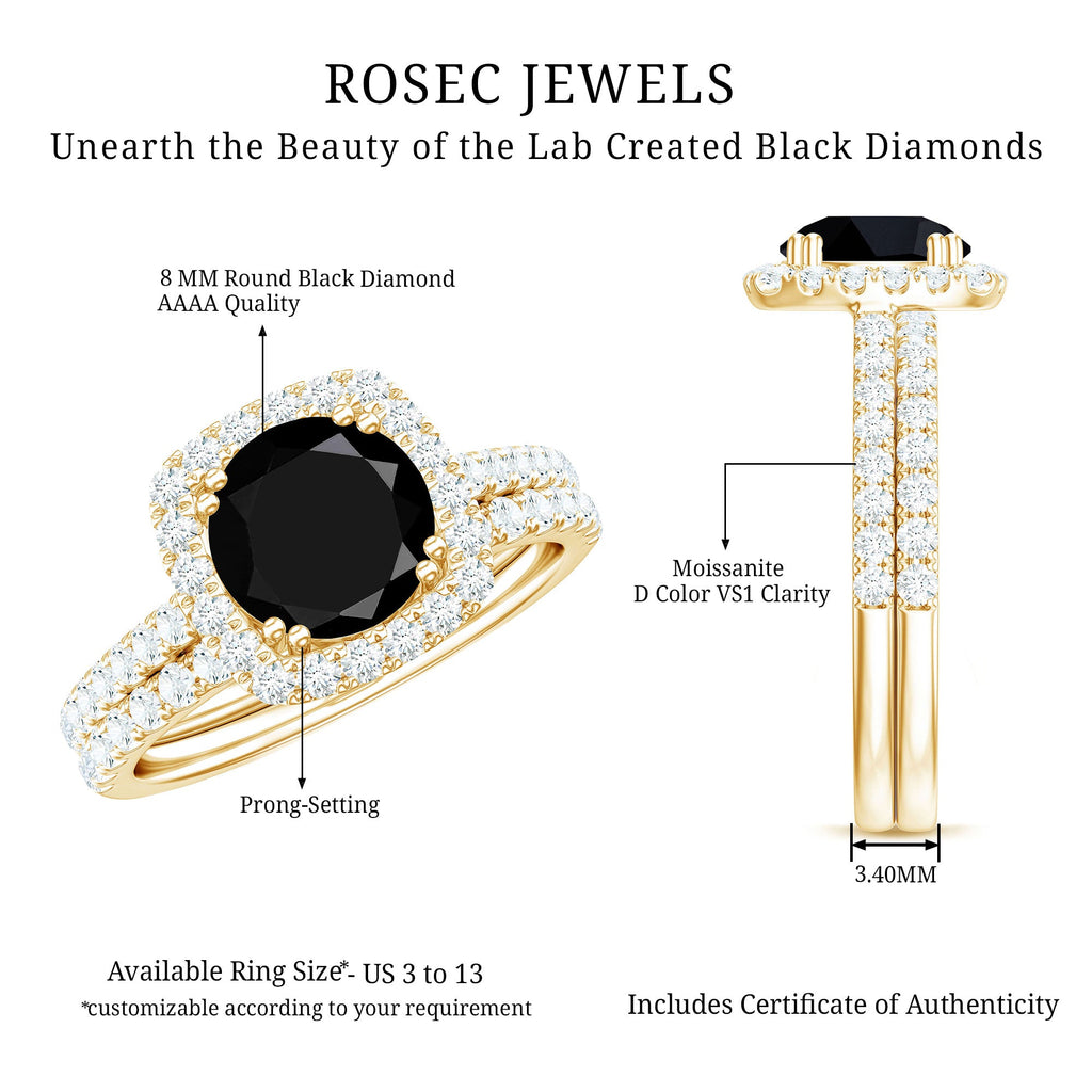 Round Created Black Diamond Classic Halo Ring Set with Moissanite