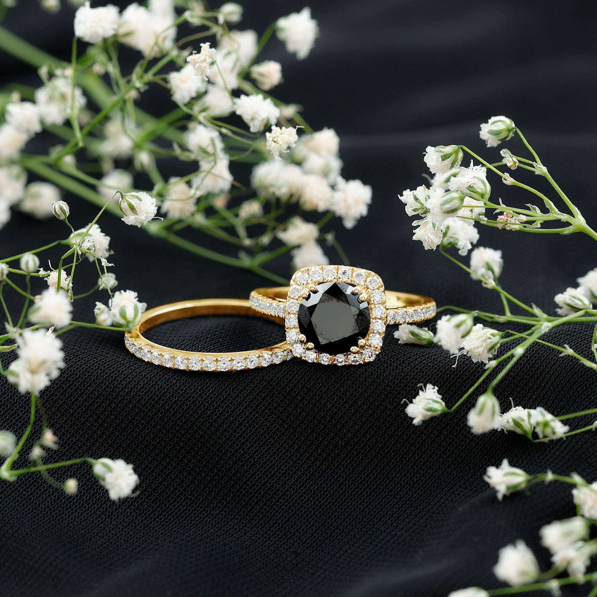 Round Created Black Diamond Classic Halo Ring Set with Moissanite