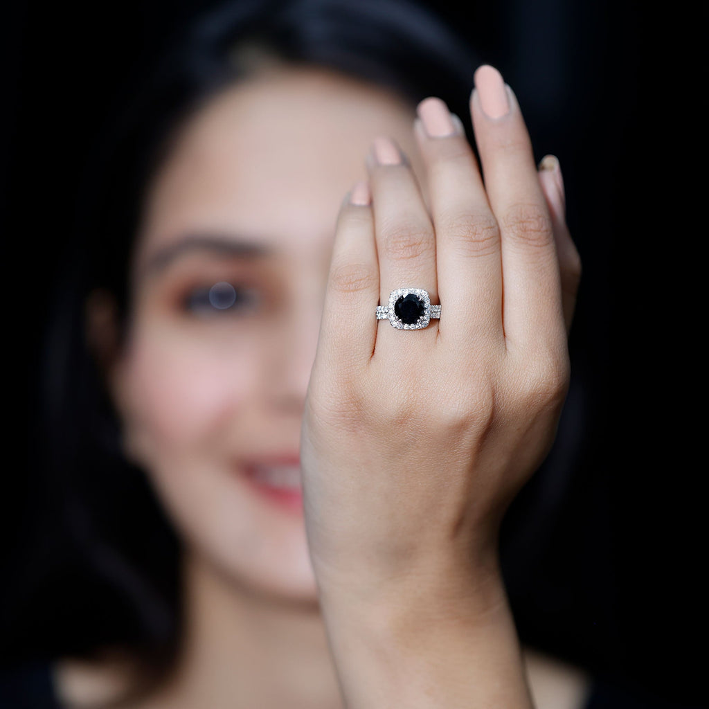 Natural Black Spinel Wedding Bridal Ring Set with Moissanite