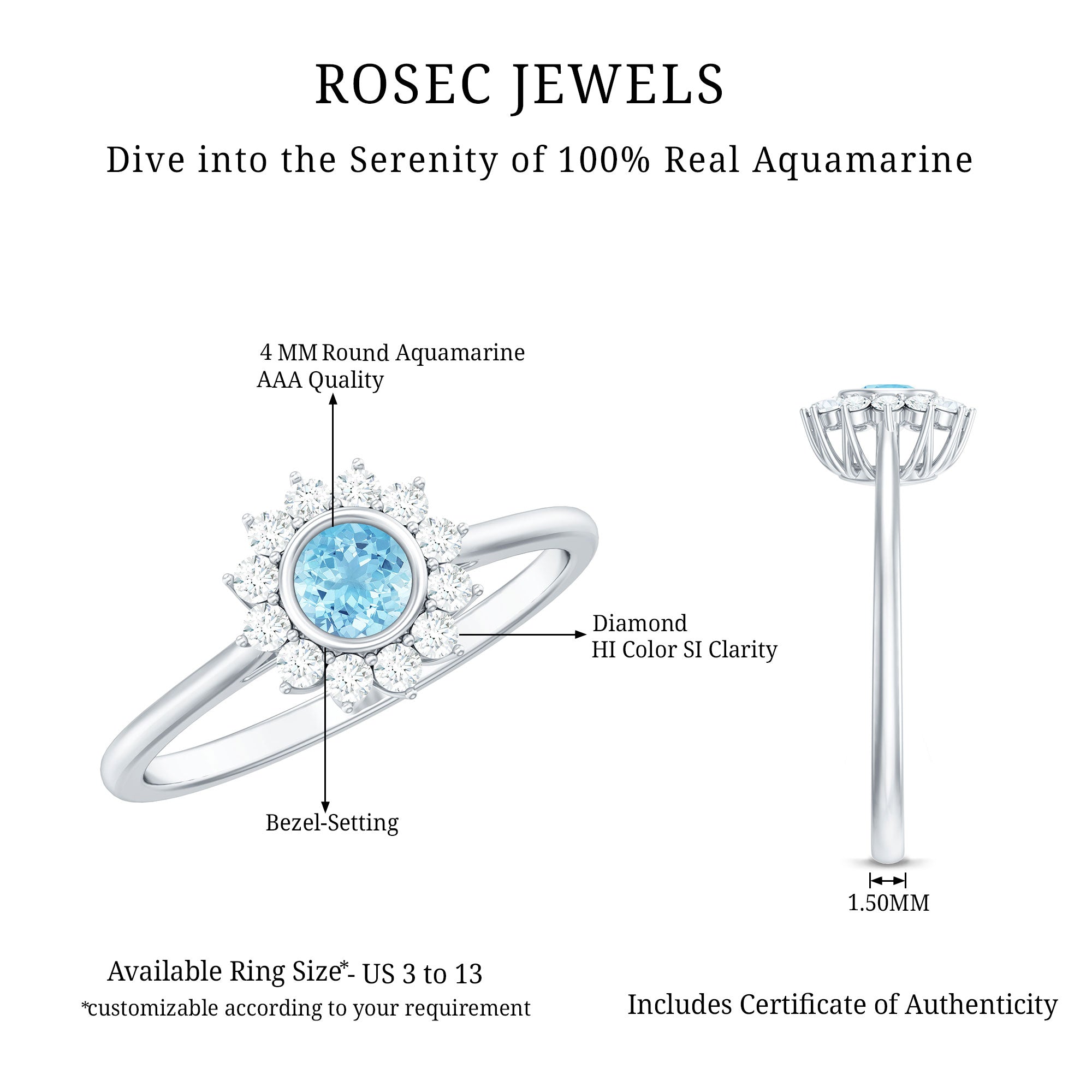 3/4 CT Minimal Aquamarine and Diamond Halo Promise Ring