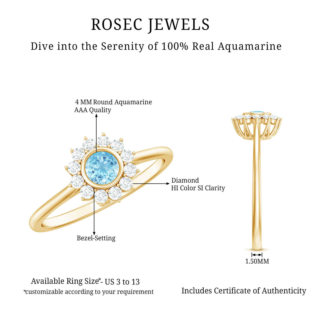 3/4 CT Minimal Aquamarine and Diamond Halo Promise Ring