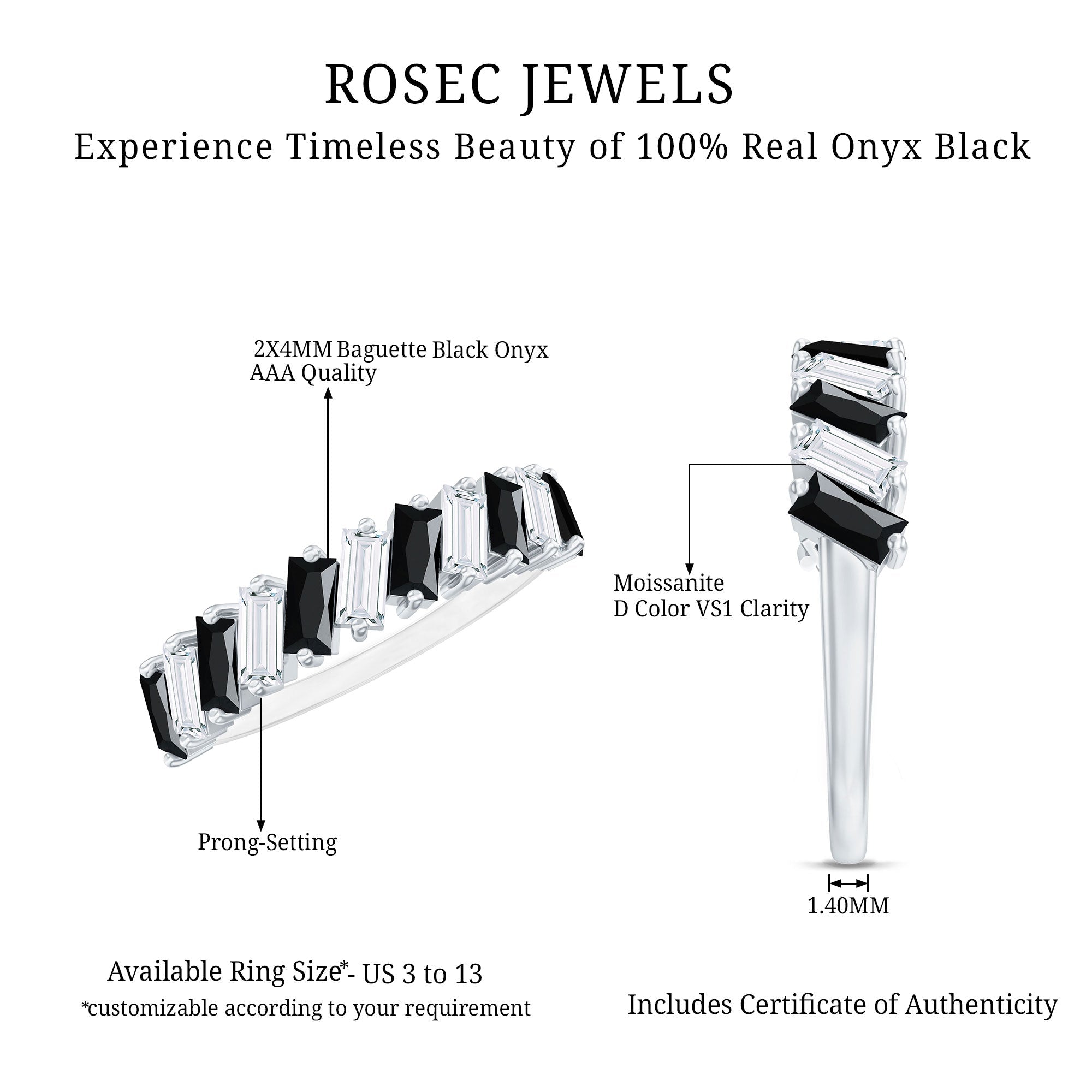 Baguette Cut Black Onyx and Moissanite Tilted Half Eternity Ring