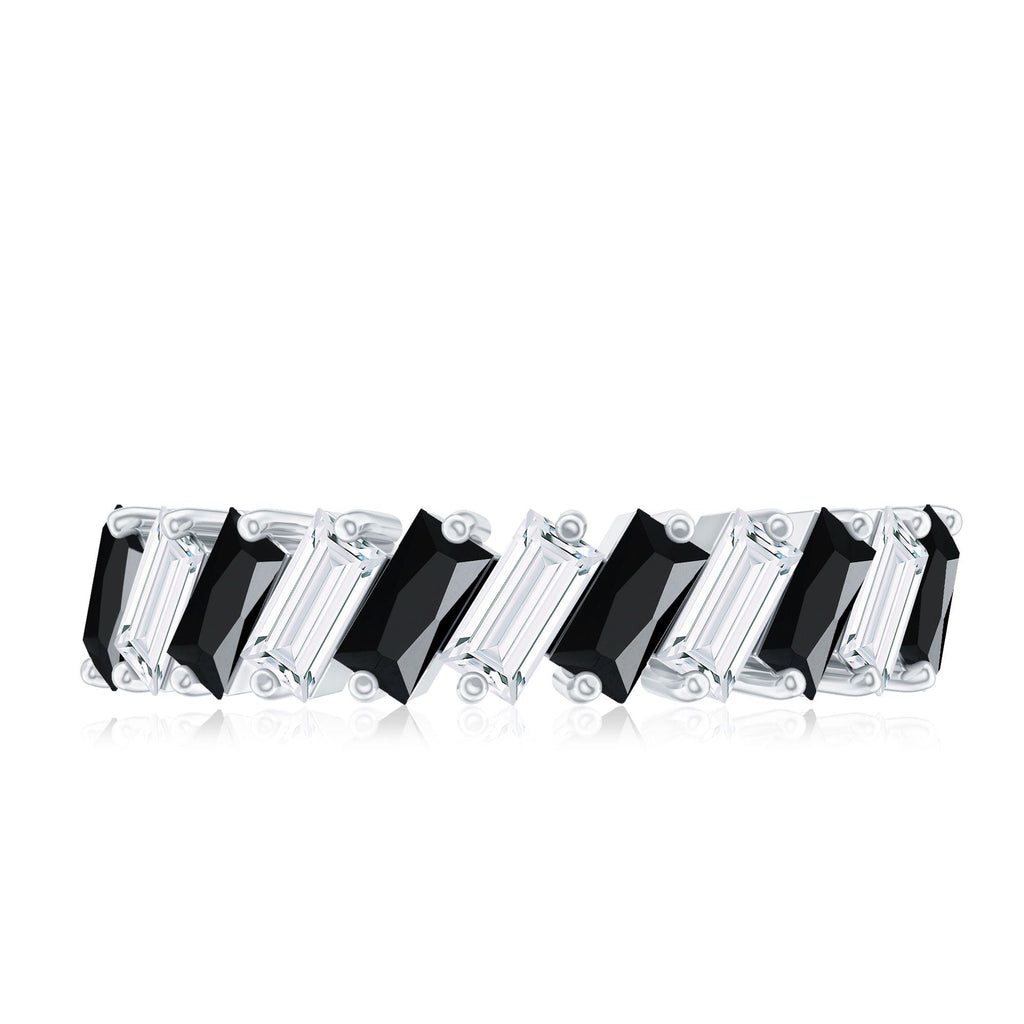 Baguette Cut Black Onyx and Moissanite Tilted Half Eternity Ring