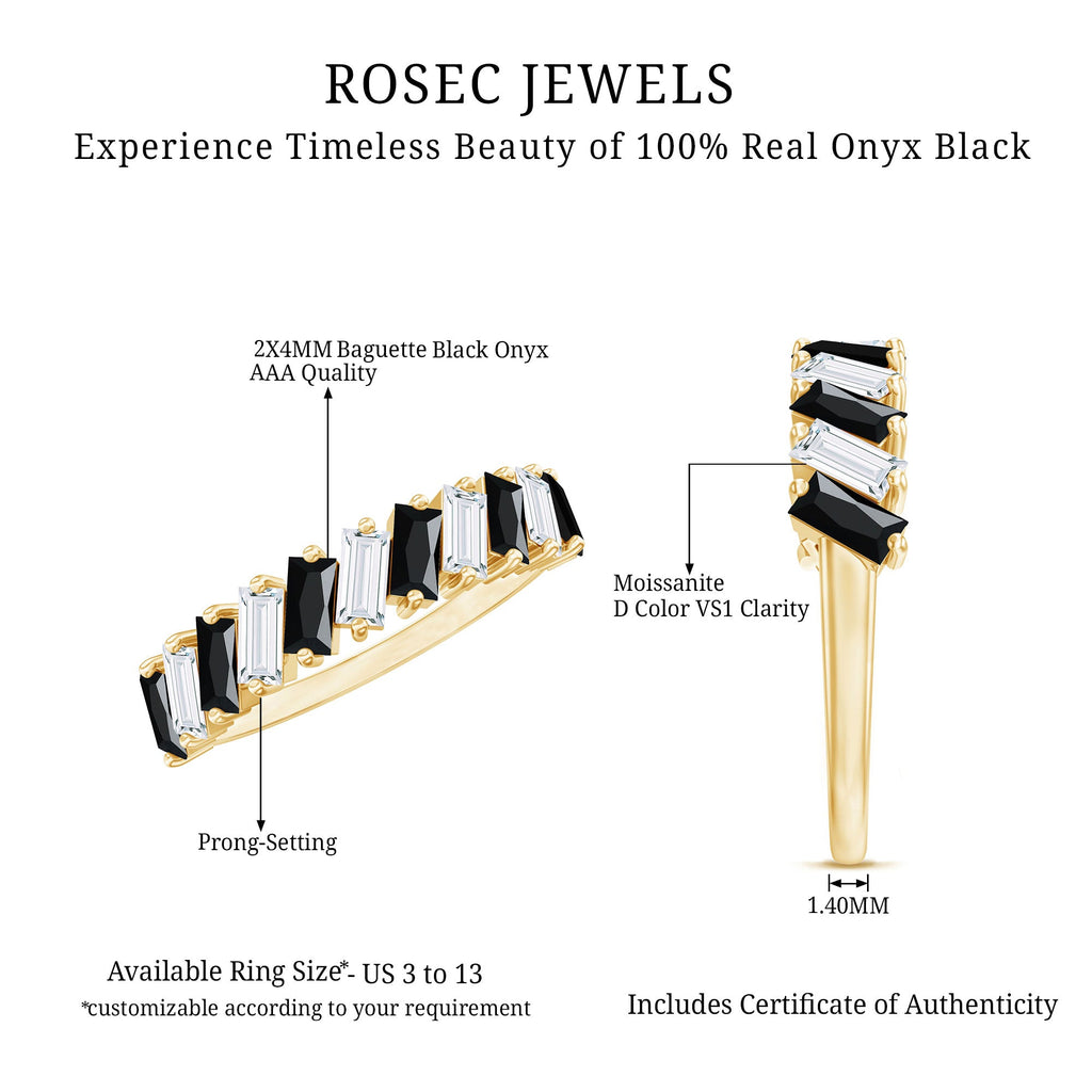Baguette Cut Black Onyx and Moissanite Tilted Half Eternity Ring