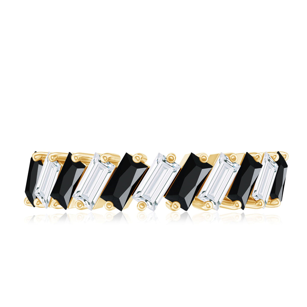 Baguette Cut Black Onyx and Moissanite Tilted Half Eternity Ring