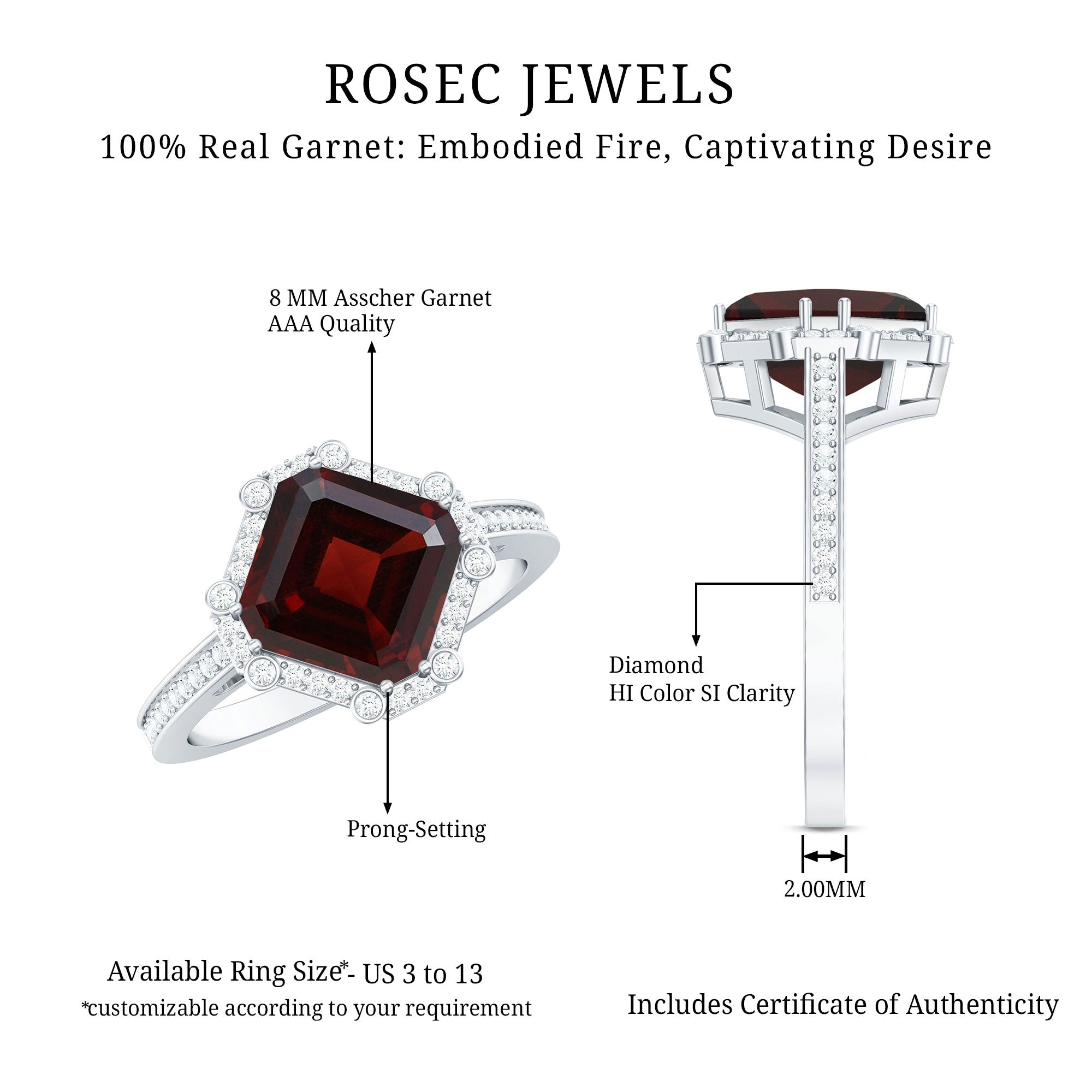 Natural 8mm Asscher Cut Garnet Engagement Ring with Diamond Halo