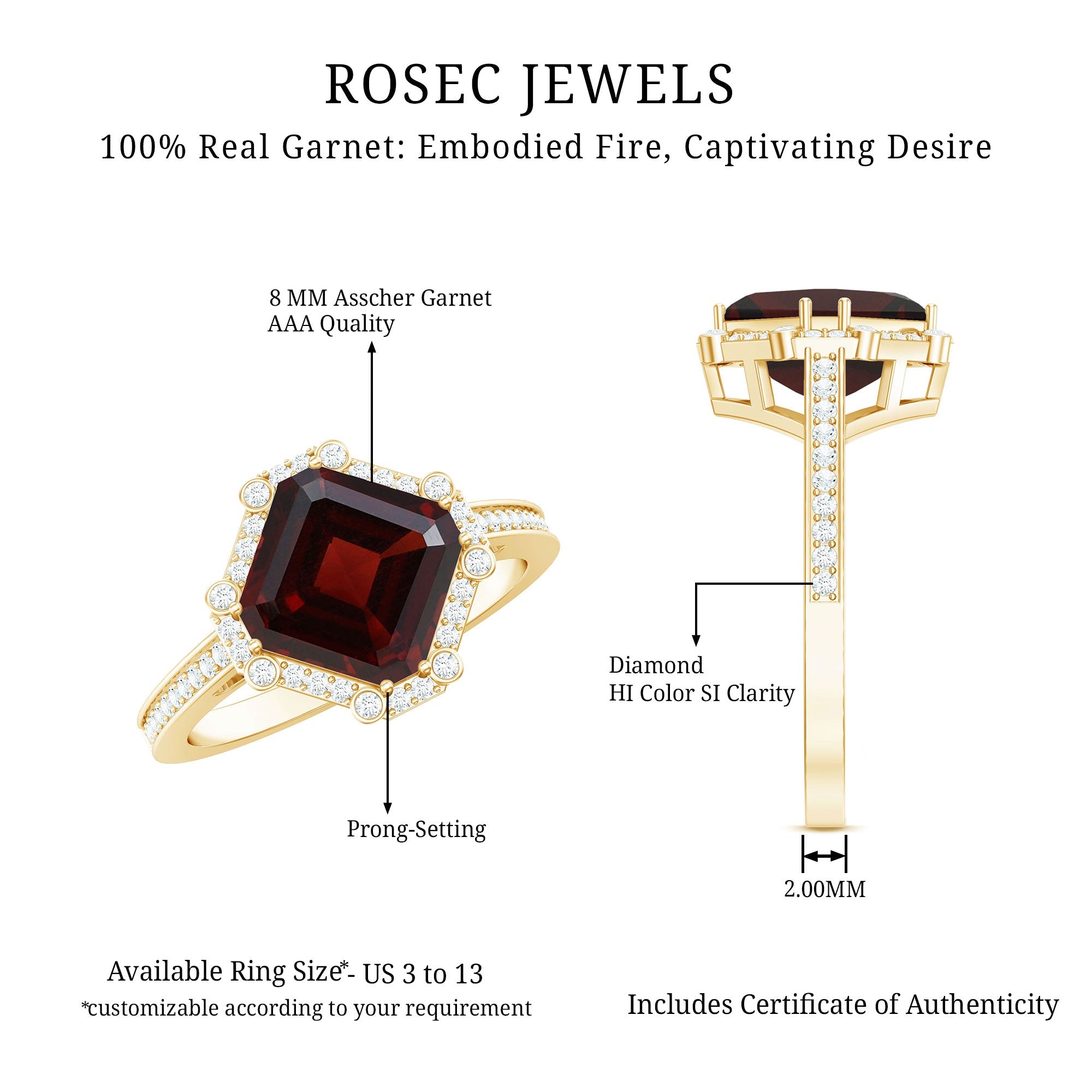 Natural 8mm Asscher Cut Garnet Engagement Ring with Diamond Halo