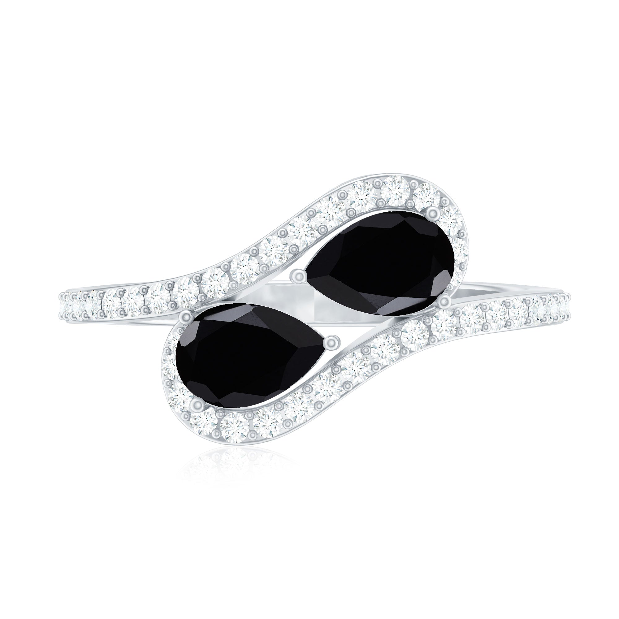 6X8mm Pear Cut Black Onyx Two Stone Engagement Ring with Diamond