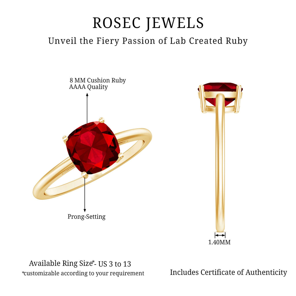 8 MM Cushion Cut Created Ruby Solitaire Ring