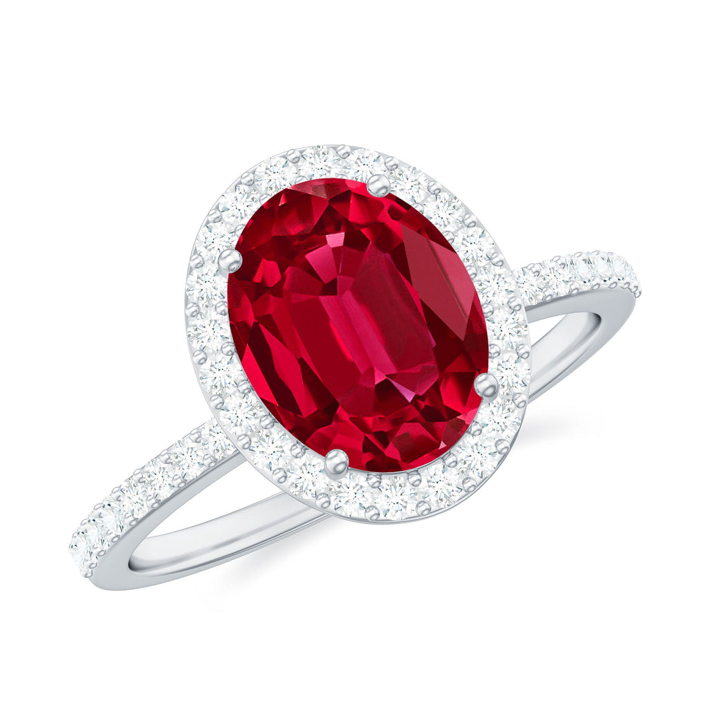 Classic Lab Grown Ruby Oval Engagement Ring with Diamond Halo