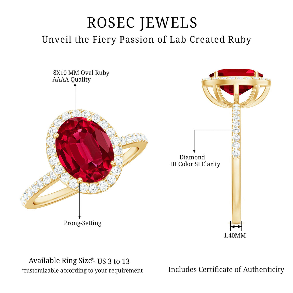 Classic Lab Grown Ruby Oval Engagement Ring with Diamond Halo