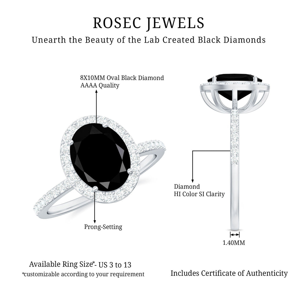 3 CT Oval Shape Created Black Diamond and Diamond Halo Engagement Ring