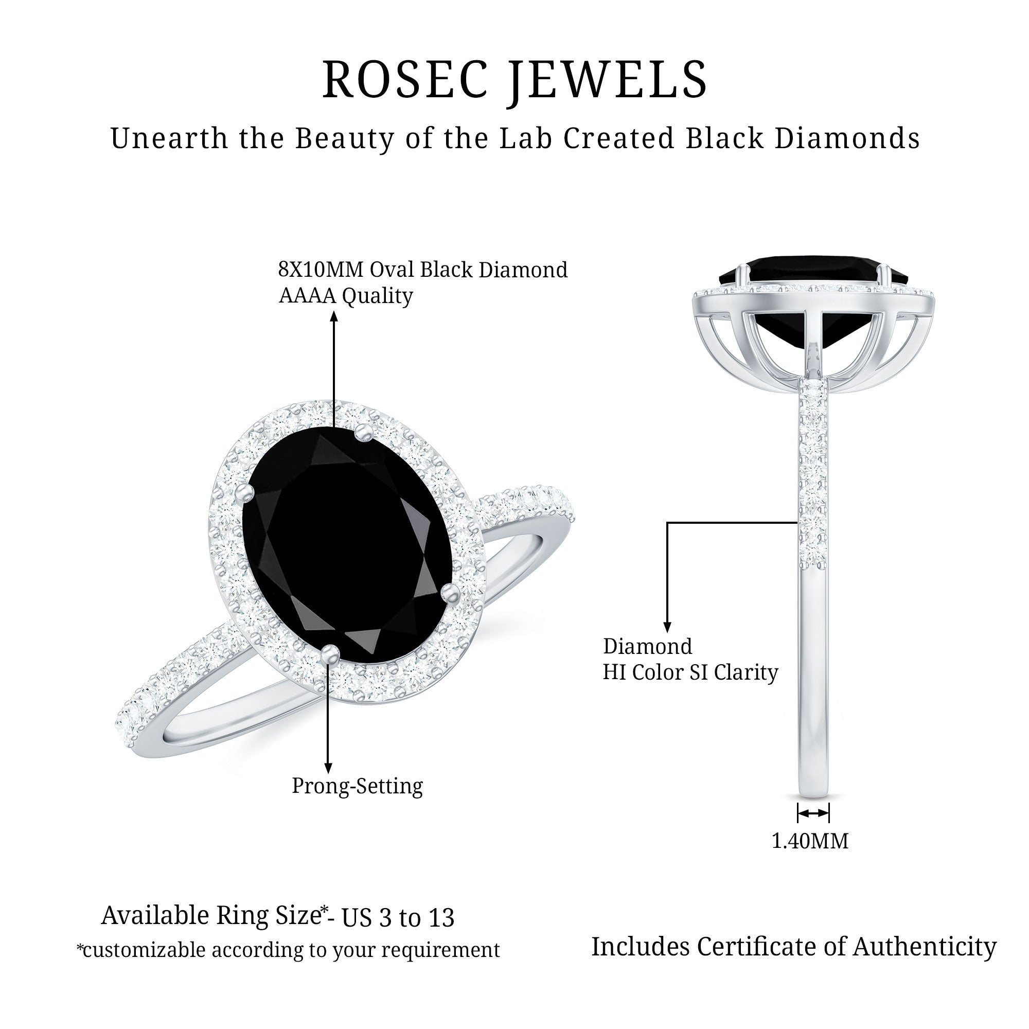 3 CT Oval Shape Created Black Diamond and Diamond Halo Engagement Ring