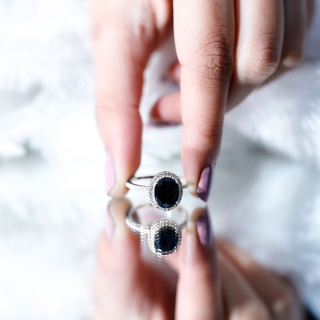 3 CT Oval Shape Created Black Diamond and Diamond Halo Engagement Ring