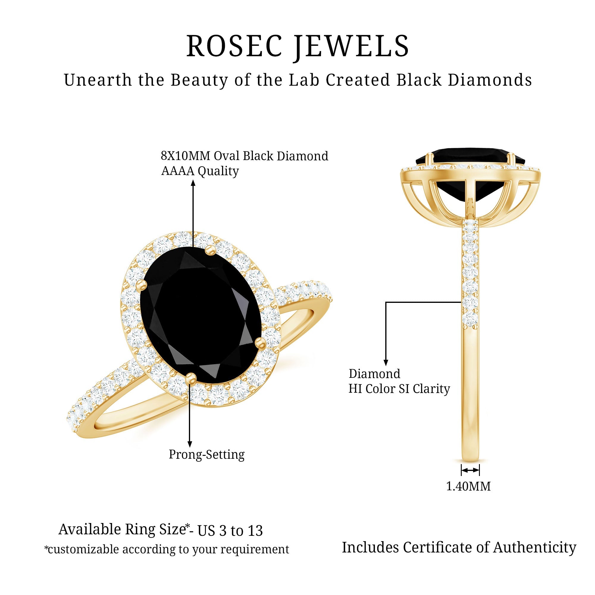 3 CT Oval Shape Created Black Diamond and Diamond Halo Engagement Ring
