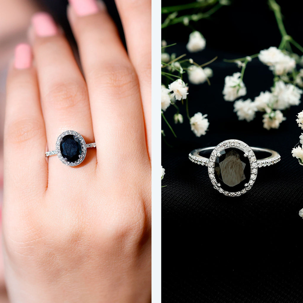 3 CT Oval Shape Created Black Diamond and Diamond Halo Engagement Ring