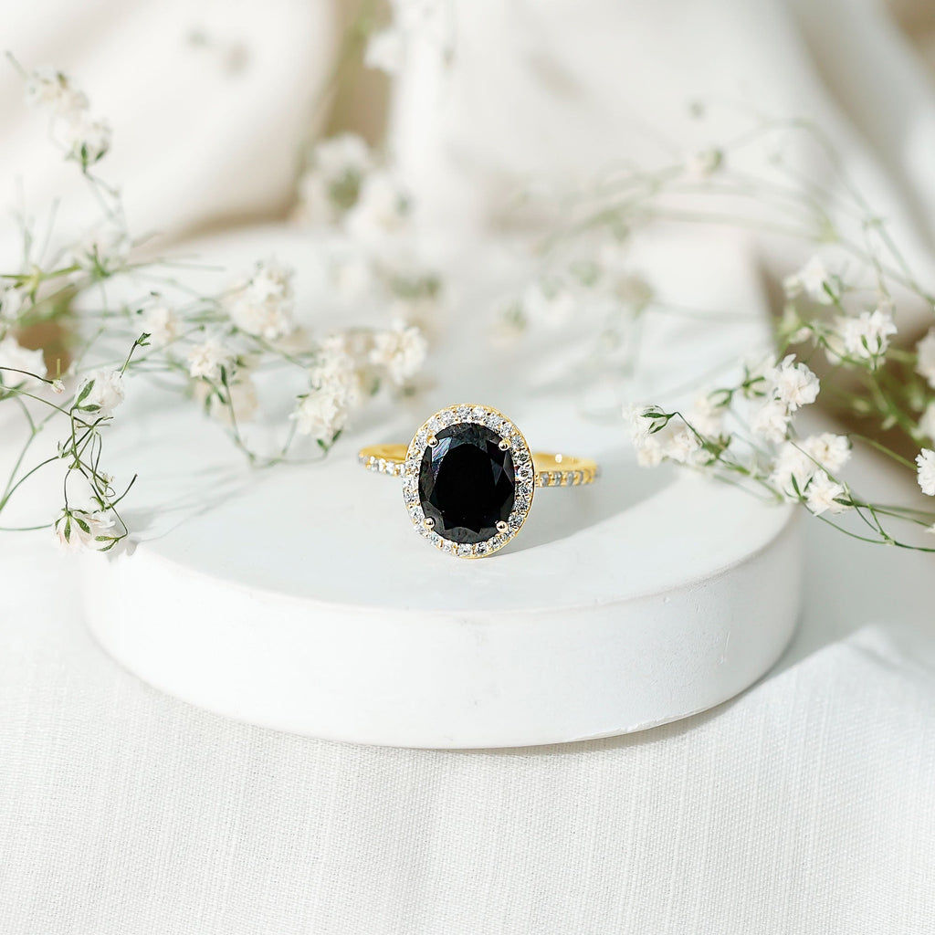 3 CT Oval Shape Created Black Diamond and Diamond Halo Engagement Ring