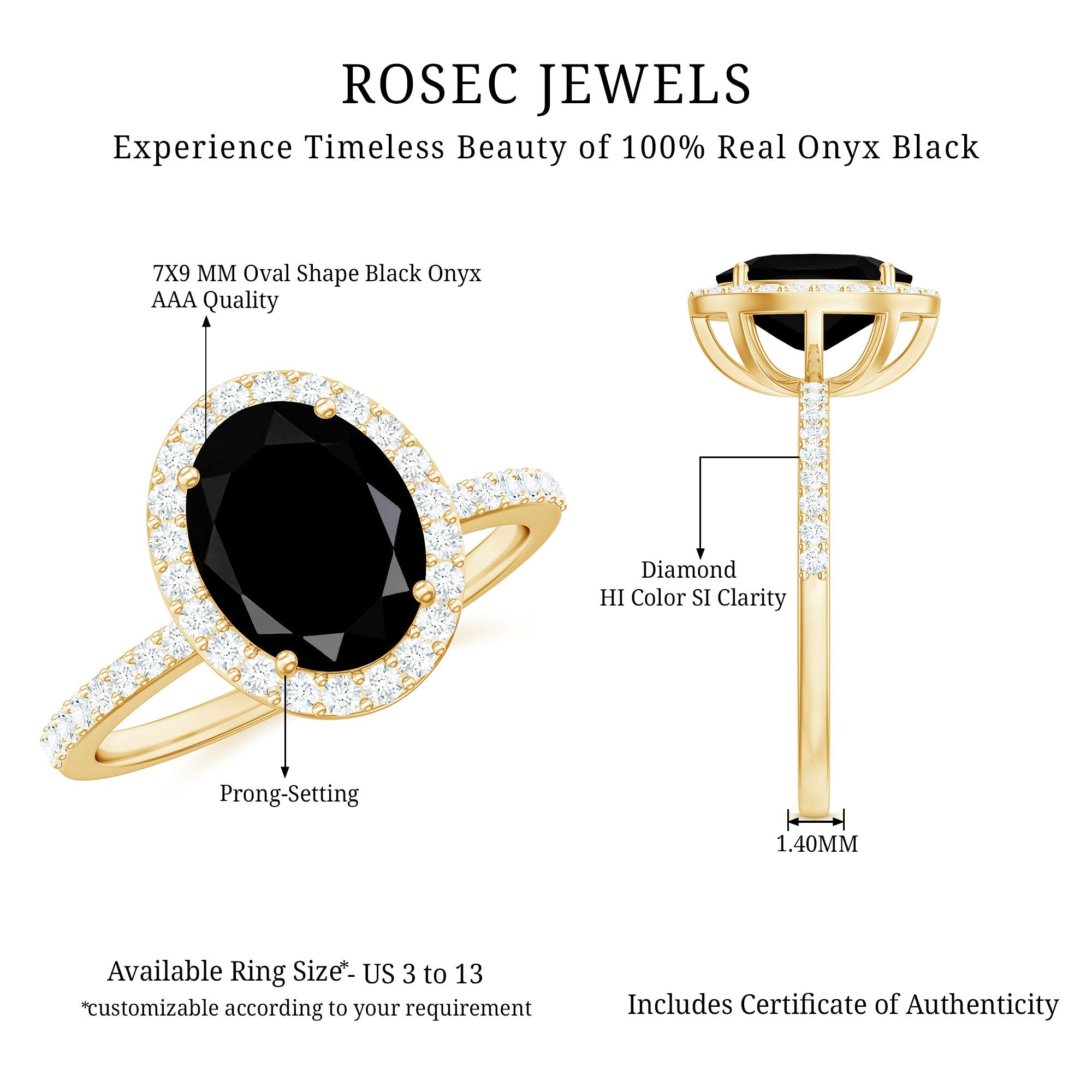 7X9mm Oval Cut Black Onyx Diamond Engagement Ring with Certificate