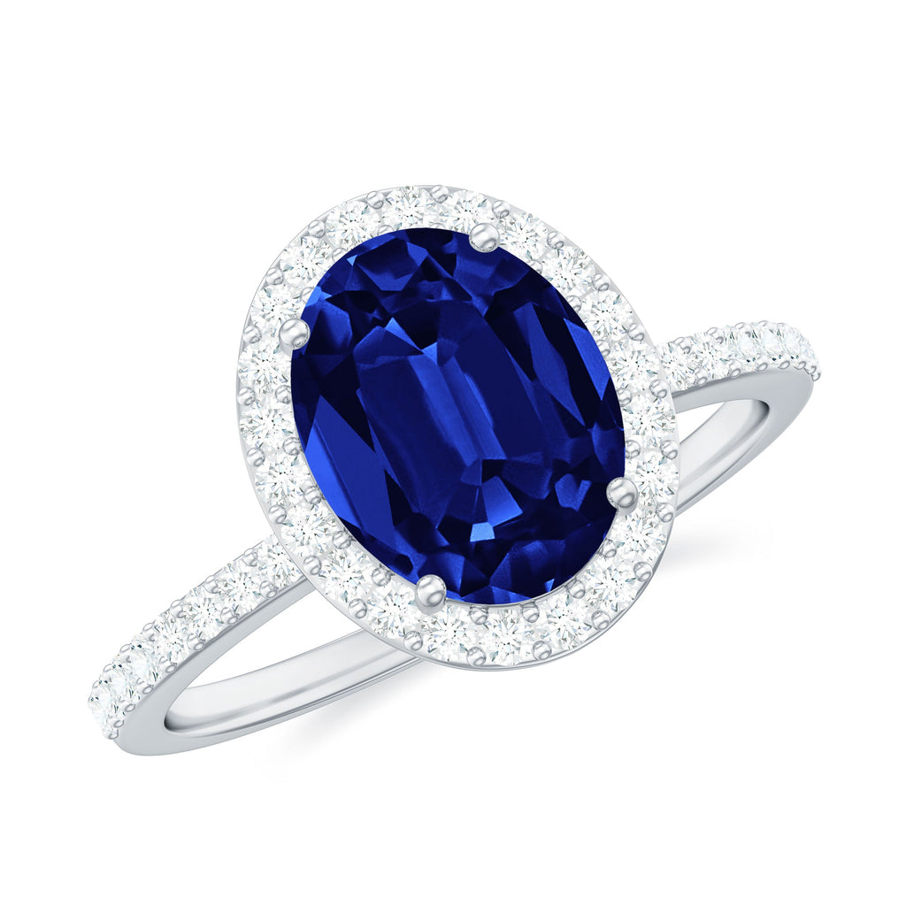 4 Carat Lab Grown Blue Sapphire Oval Engagement Ring with Diamond Halo