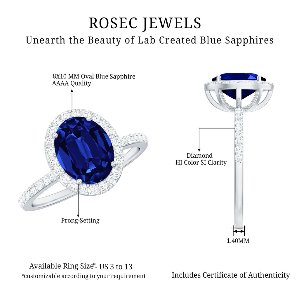 4 Carat Lab Grown Blue Sapphire Oval Engagement Ring with Diamond Halo