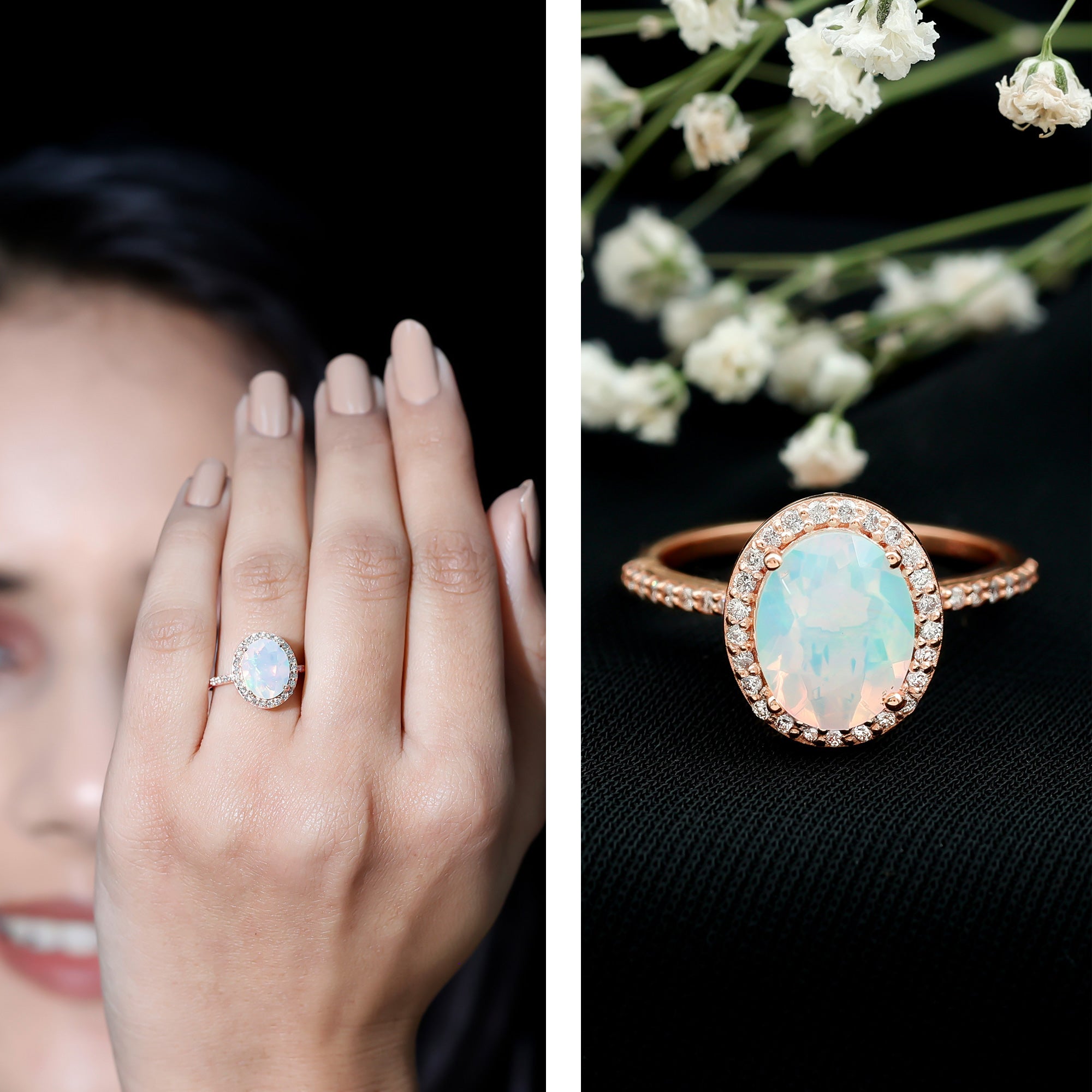 Certified Real 8X10 mm Ethiopian Opal Engagement Ring with Diamond Halo