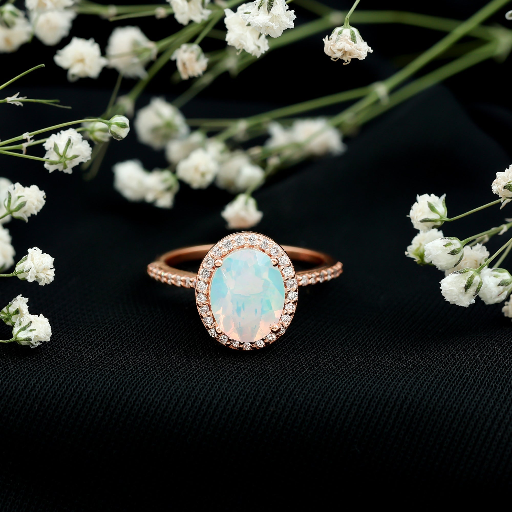 Certified Real 8X10 mm Ethiopian Opal Engagement Ring with Diamond Halo