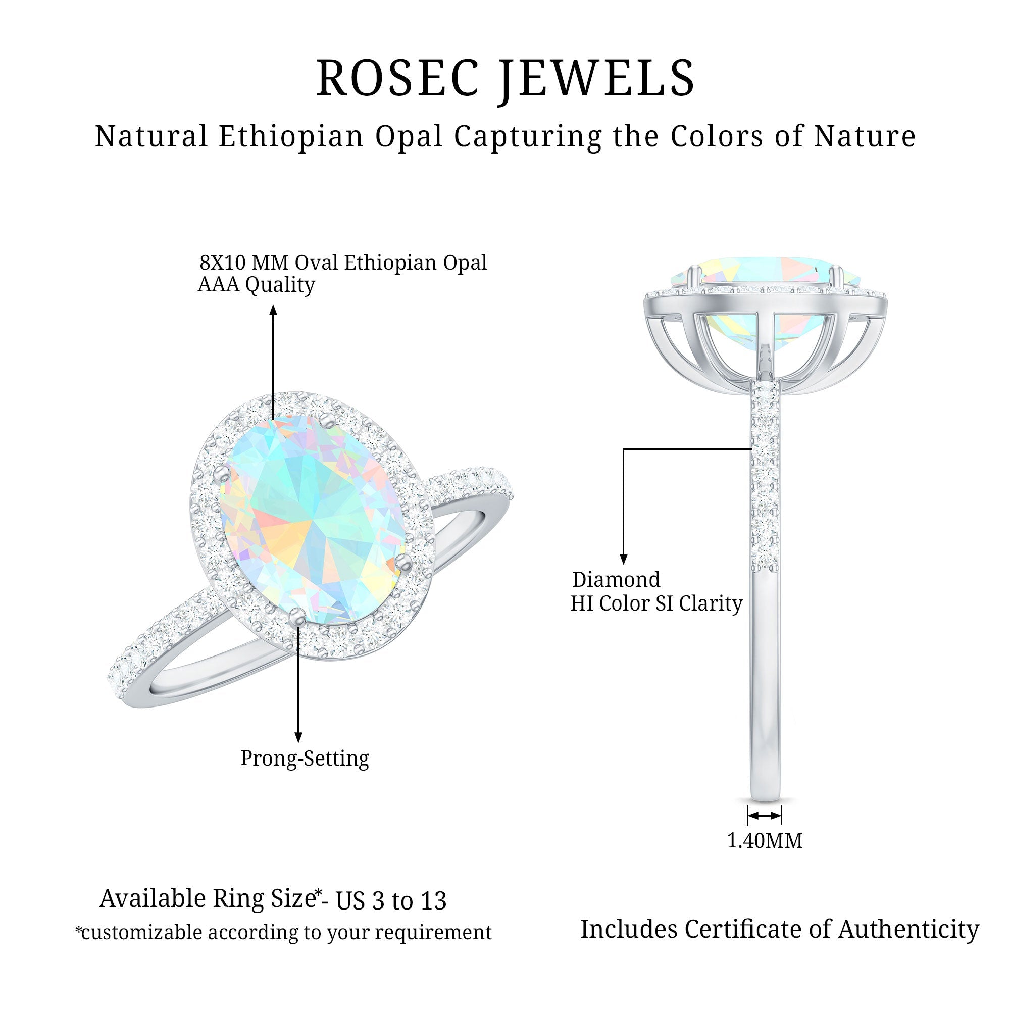 Certified Real 8X10 mm Ethiopian Opal Engagement Ring with Diamond Halo