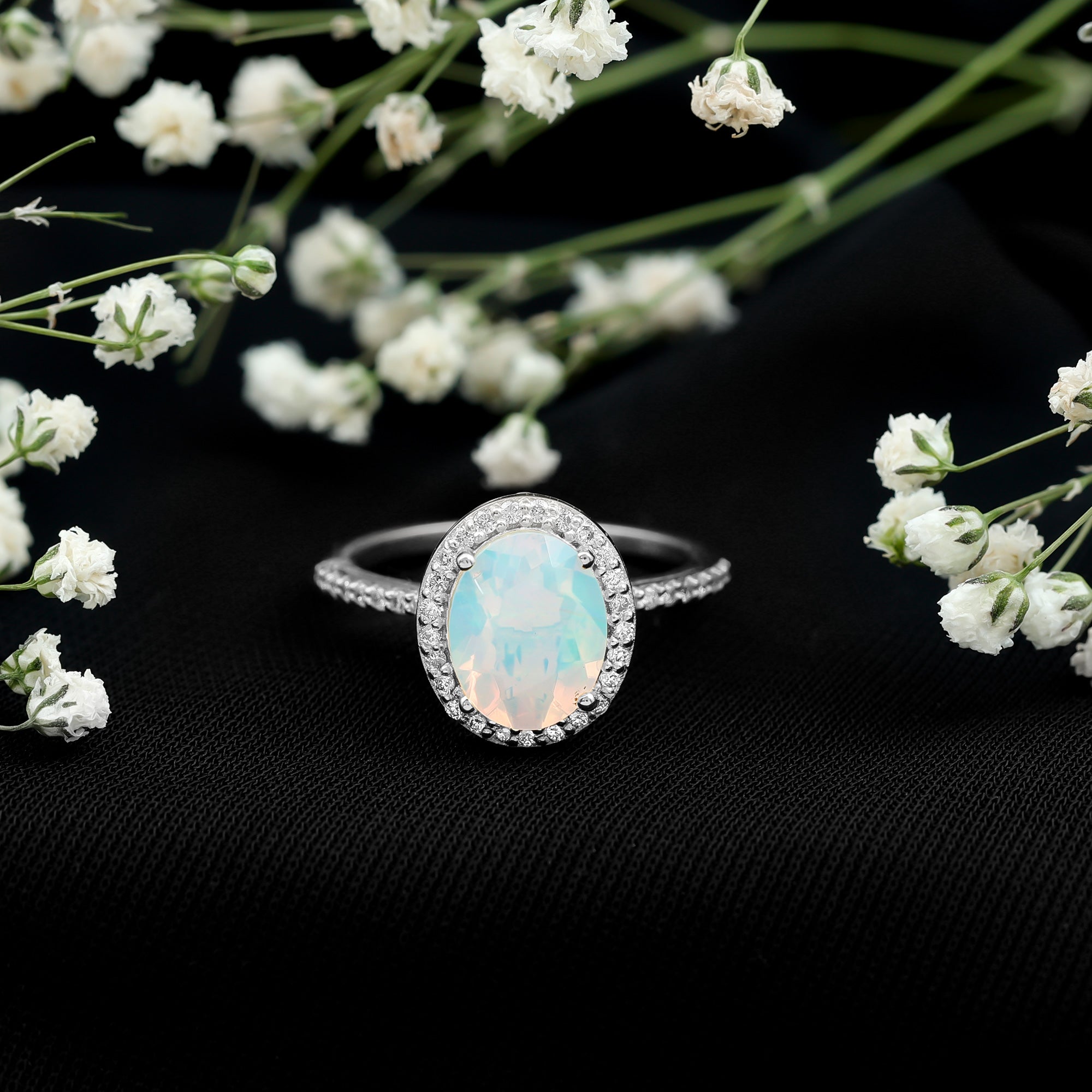 Certified Real 8X10 mm Ethiopian Opal Engagement Ring with Diamond Halo
