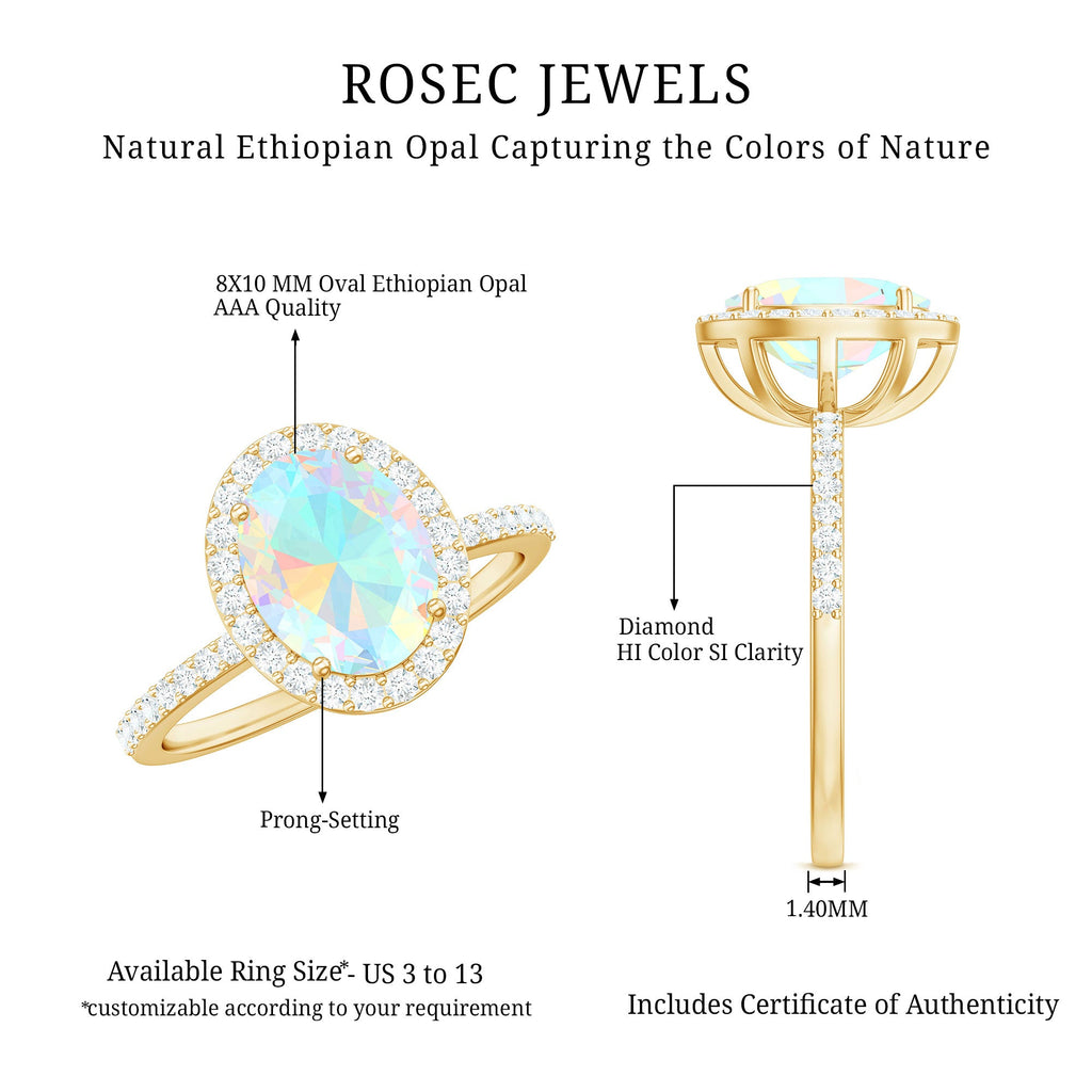 Certified Real 8X10 mm Ethiopian Opal Engagement Ring with Diamond Halo