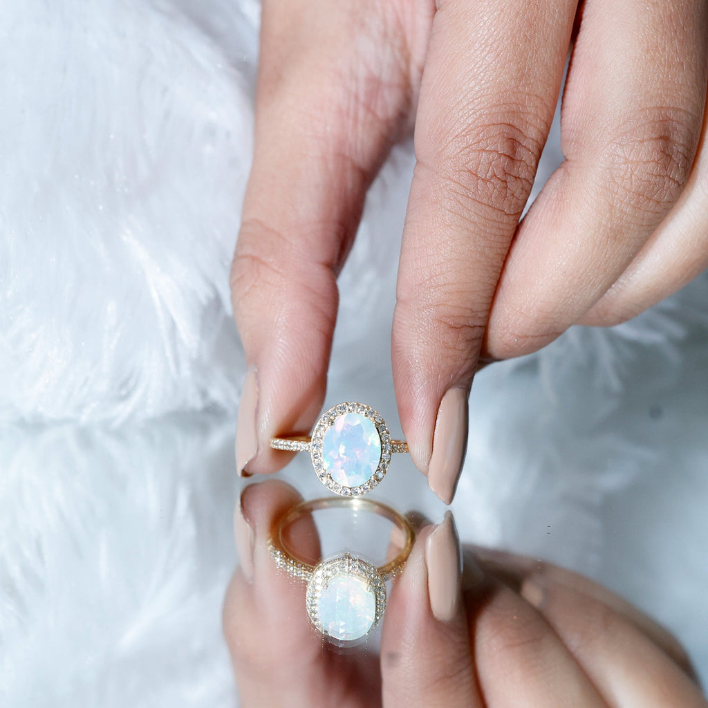 Certified Real 8X10 mm Ethiopian Opal Engagement Ring with Diamond Halo