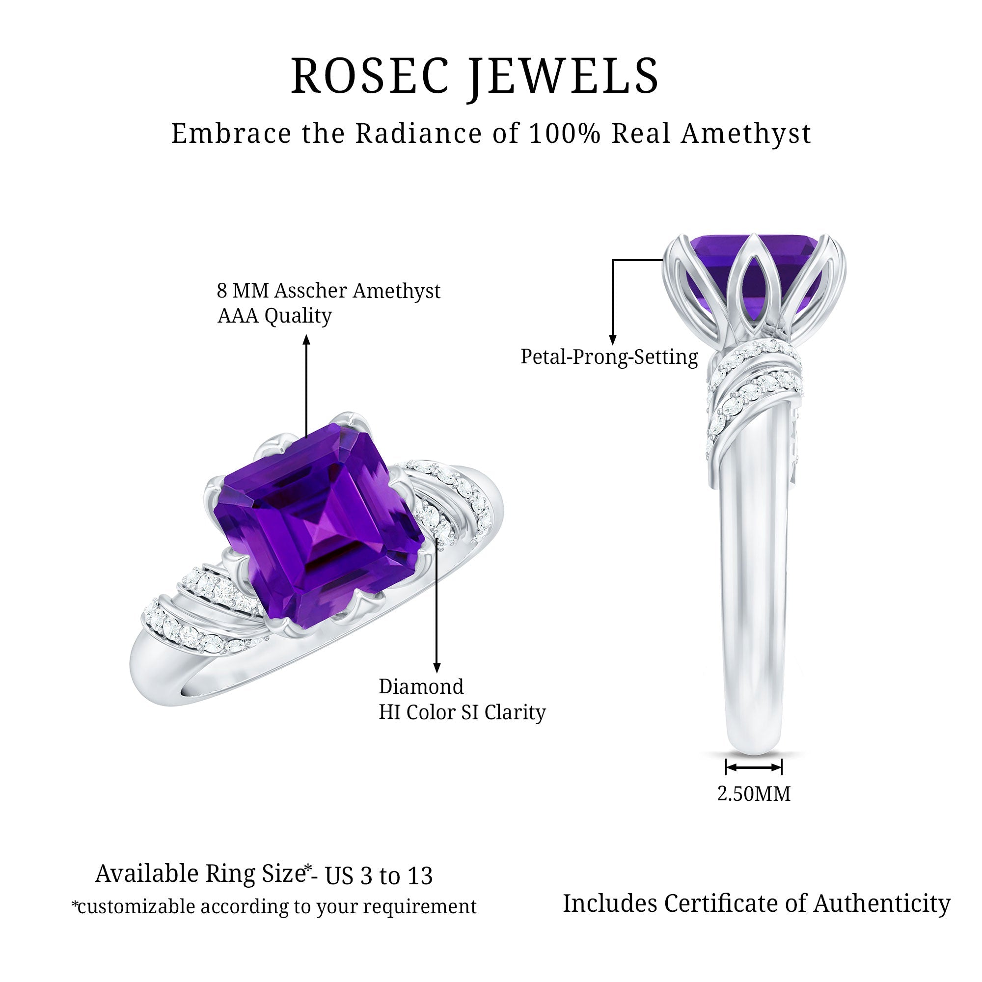 Asscher Cut Amethyst Designer Engagement Ring with Diamond