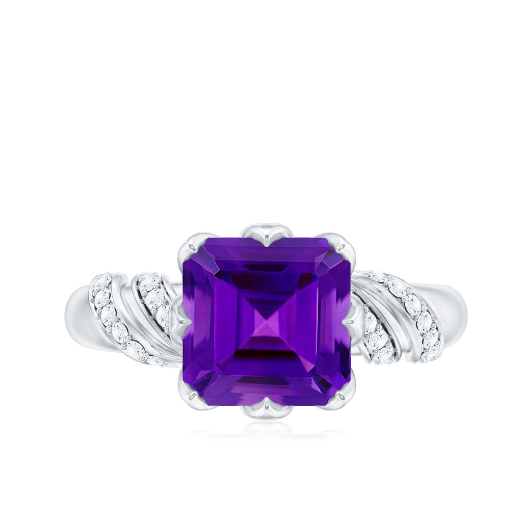 Asscher Cut Amethyst Designer Engagement Ring with Diamond
