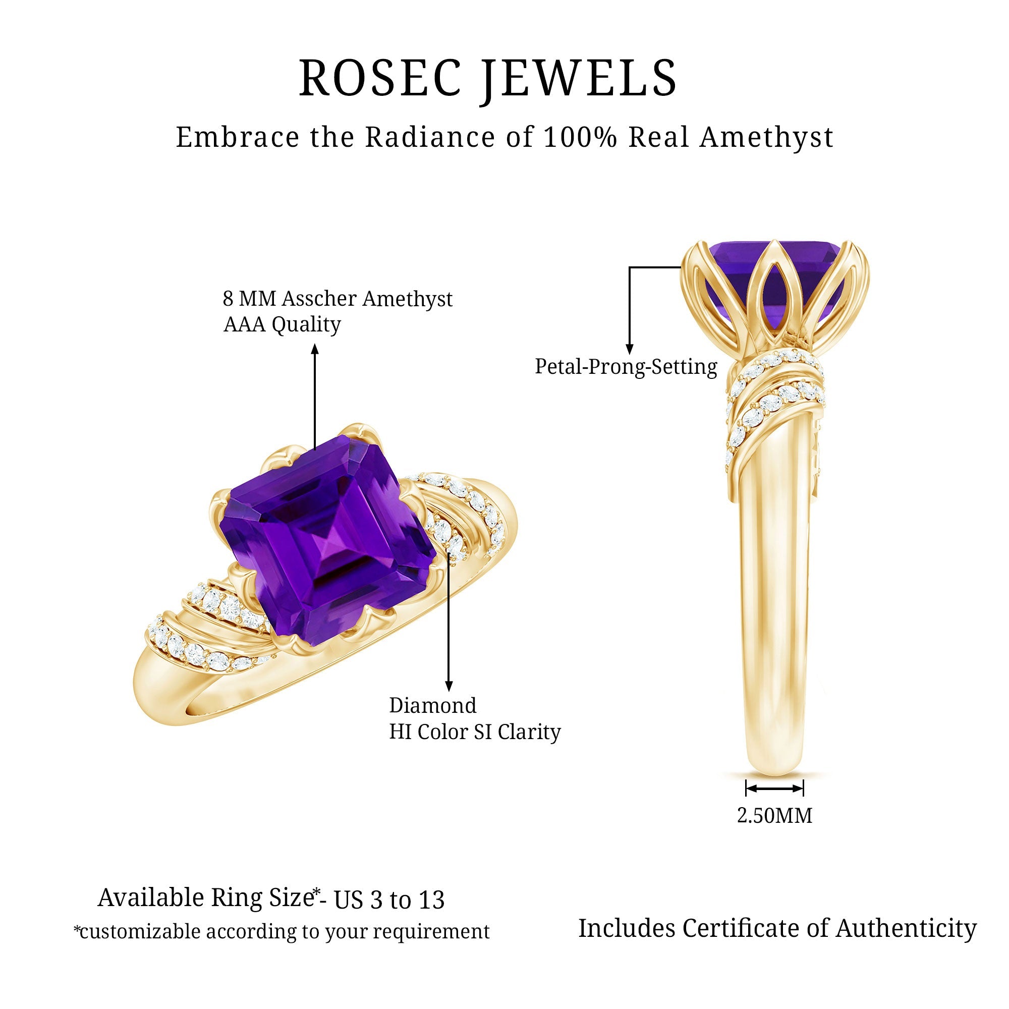 Asscher Cut Amethyst Designer Engagement Ring with Diamond