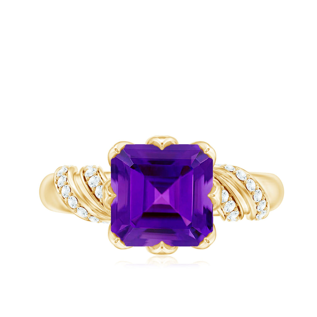 Asscher Cut Amethyst Designer Engagement Ring with Diamond