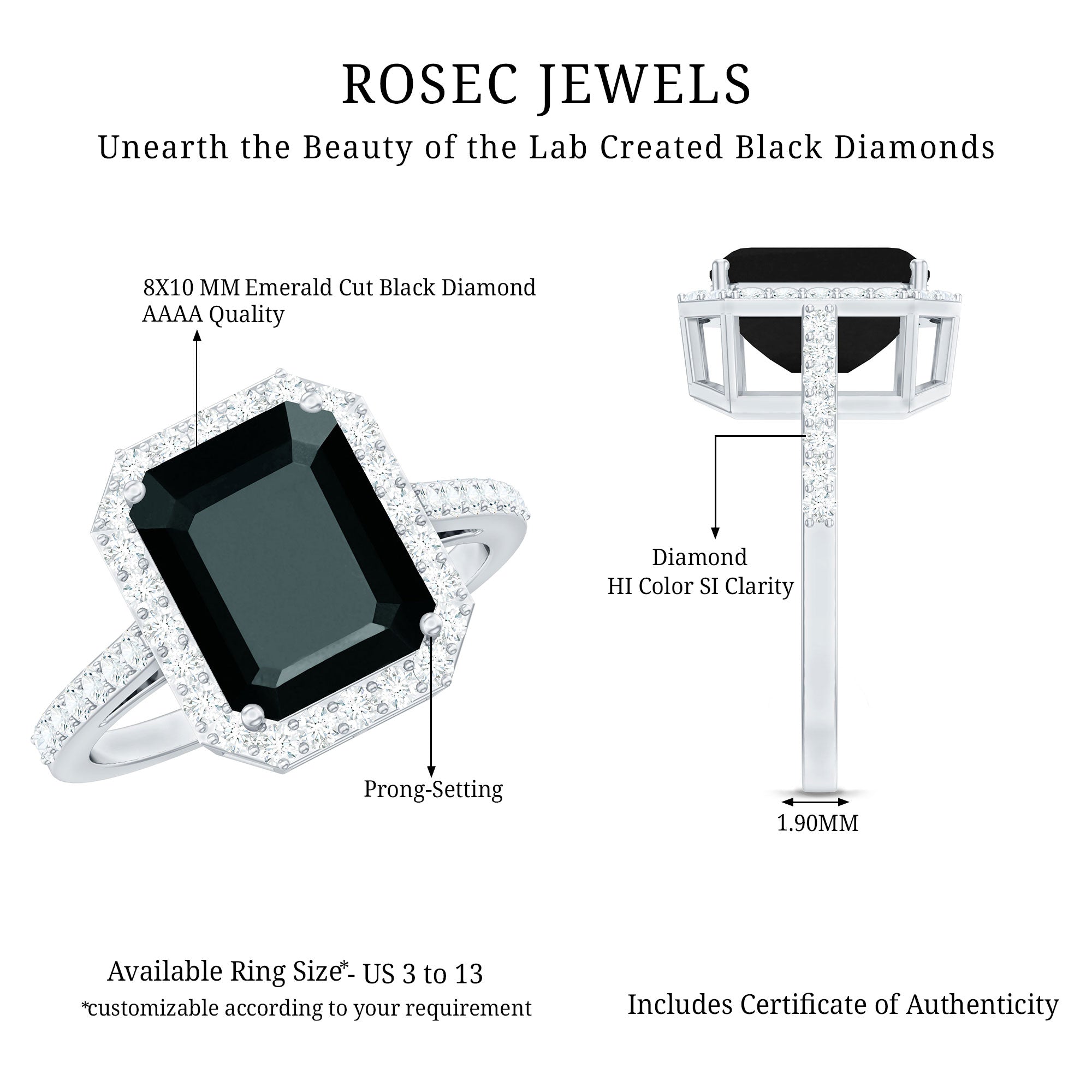 Emerald Cut Lab Created Black Diamond Halo Engagement Ring