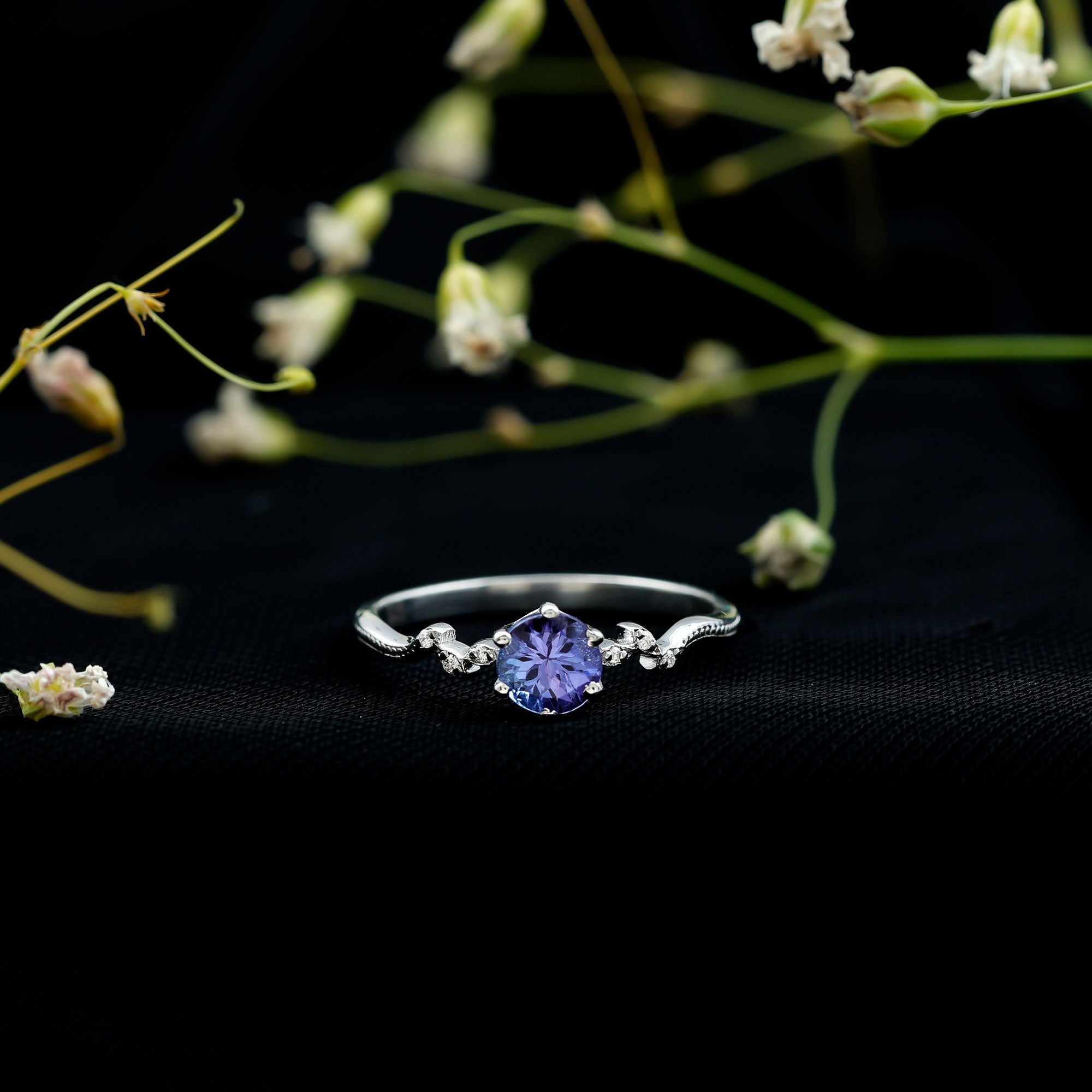 Minimal Leaf Promise Ring with Tanzanite and Diamond