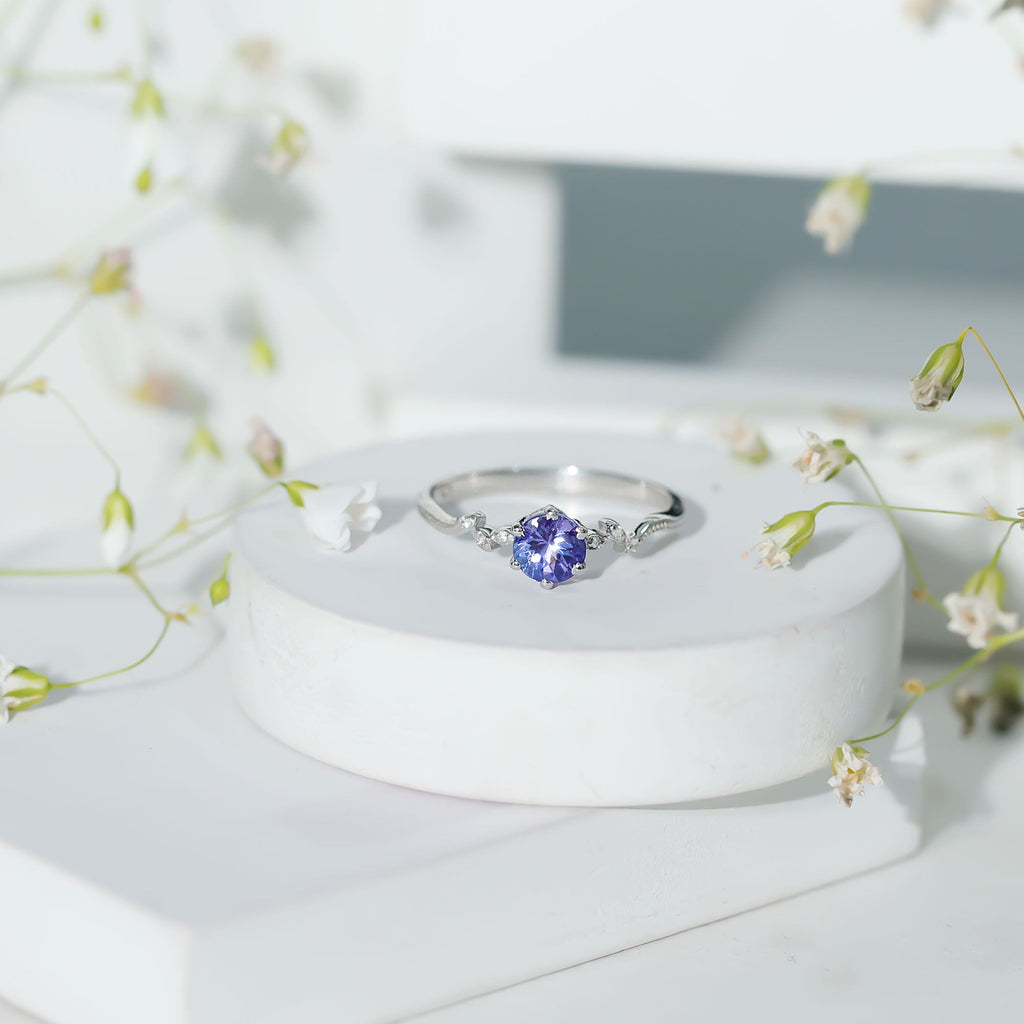 Minimal Leaf Promise Ring with Tanzanite and Diamond