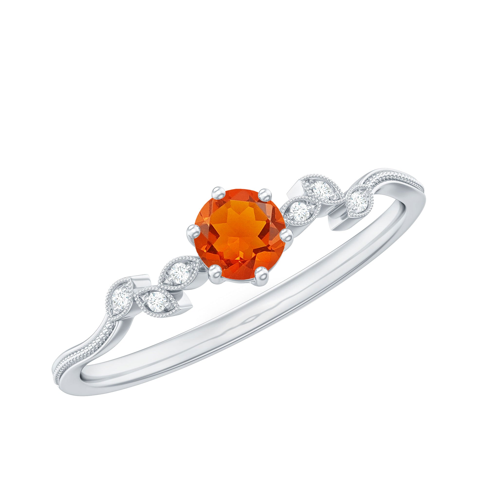 Round Fire Opal Minimal Leaf Promise Ring with Diamond in Gold